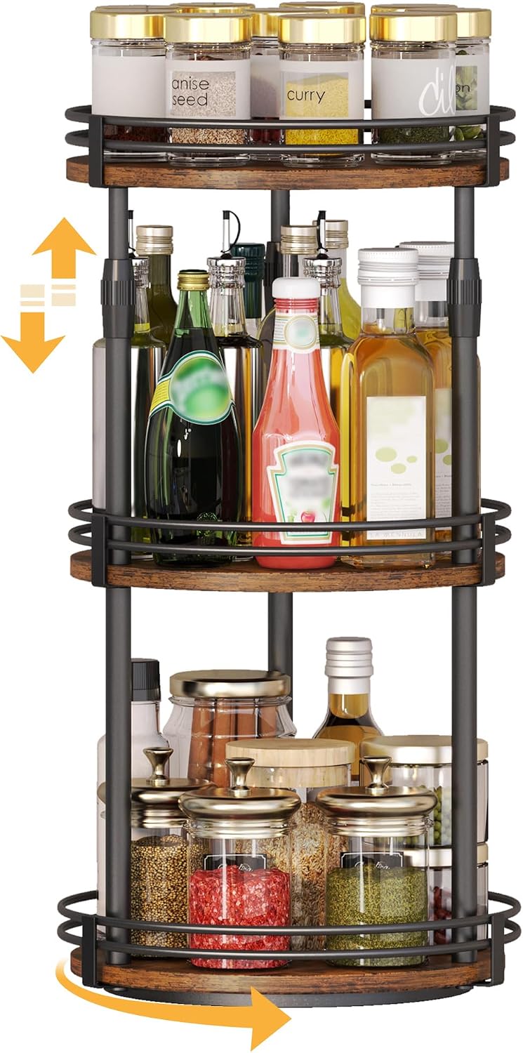 Across-Star Lazy-Susan-Organizer-Spice-Rack, 3-Tier Rotating Spice Organizer For Cabinet Pantry, Seasoning Holder Shelf With Adjustable Height, Kitchen Counter Shelf Countertop Organizer
