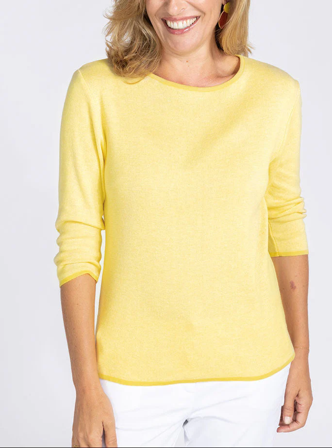 Pull femme en coton col rond jaune