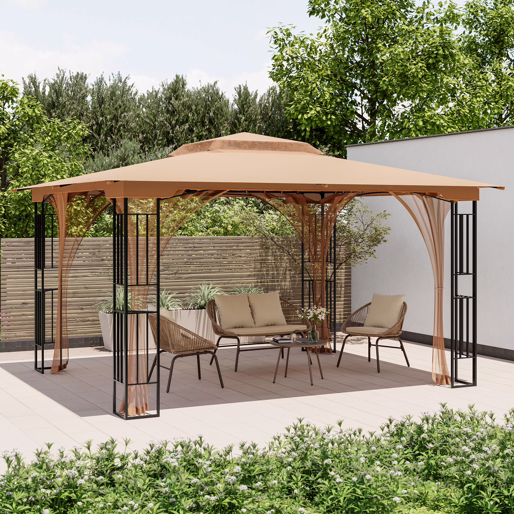 Patio Gazebo 13'x11',Heavy Duty Gazebos Shelter Party Tent with Double Roofs, Mosquito Nettings for Backyard, Garden, Lawn,(Khaki)(Khaki)