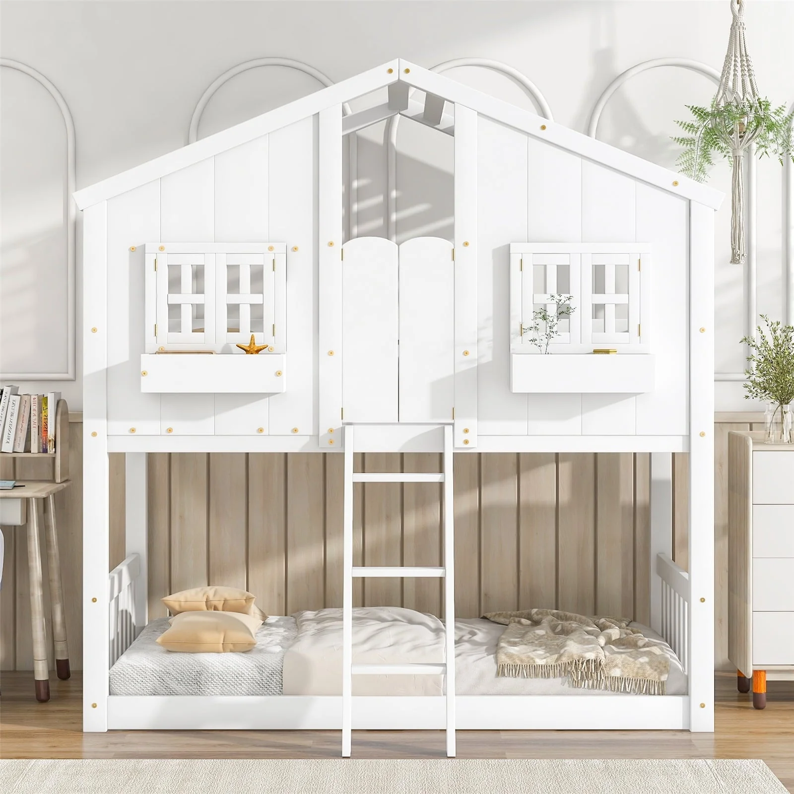 Twin Over Twin House Bunk Bed with Roof/Window/Window Box/Door Designs, Wooden Floor Bunk Bed Frame with Safety Guardrails and Ladder for Kids Boys Girls, White