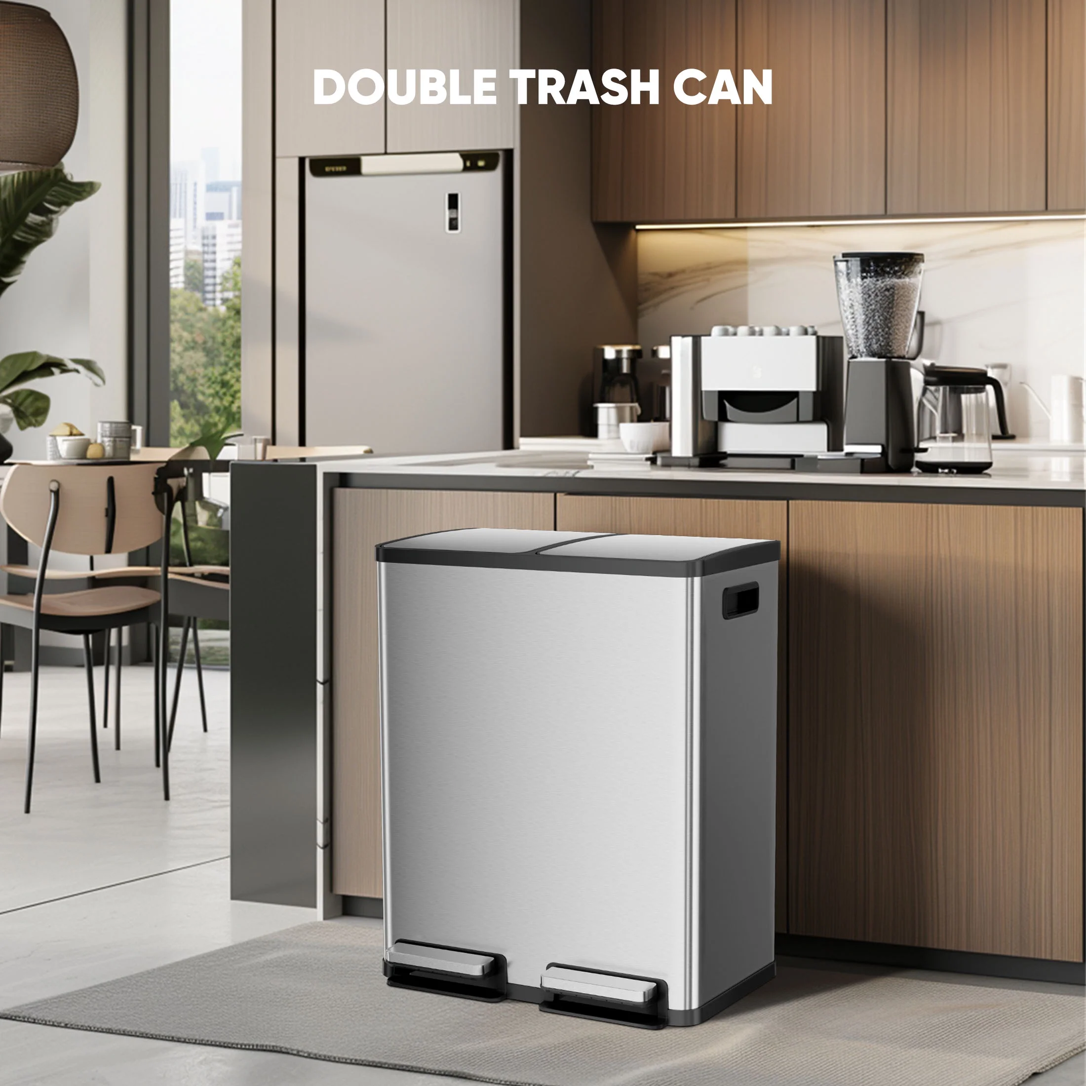 2 x 8.3 Gallon Dual Garbage Recycle Trash Can with Lid, Inner Buckets for Kitchen, Stainless Steel, Sliver(Sliver) - Image 9
