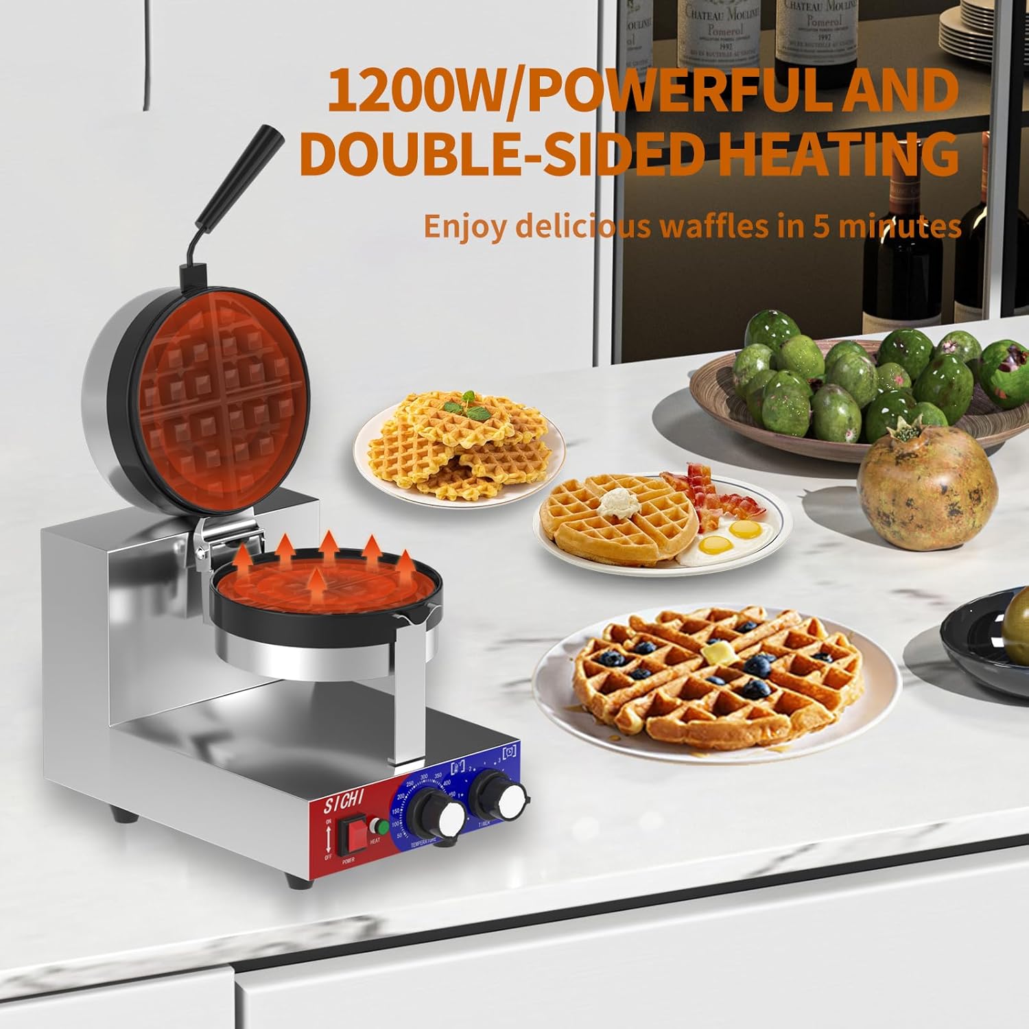 Commercial Waffle Maker - Belgian Waffle Maker w/Non-stick Baking Pan and 550℉ Heating, 1200W Rotating Waffle Iron for 1.2