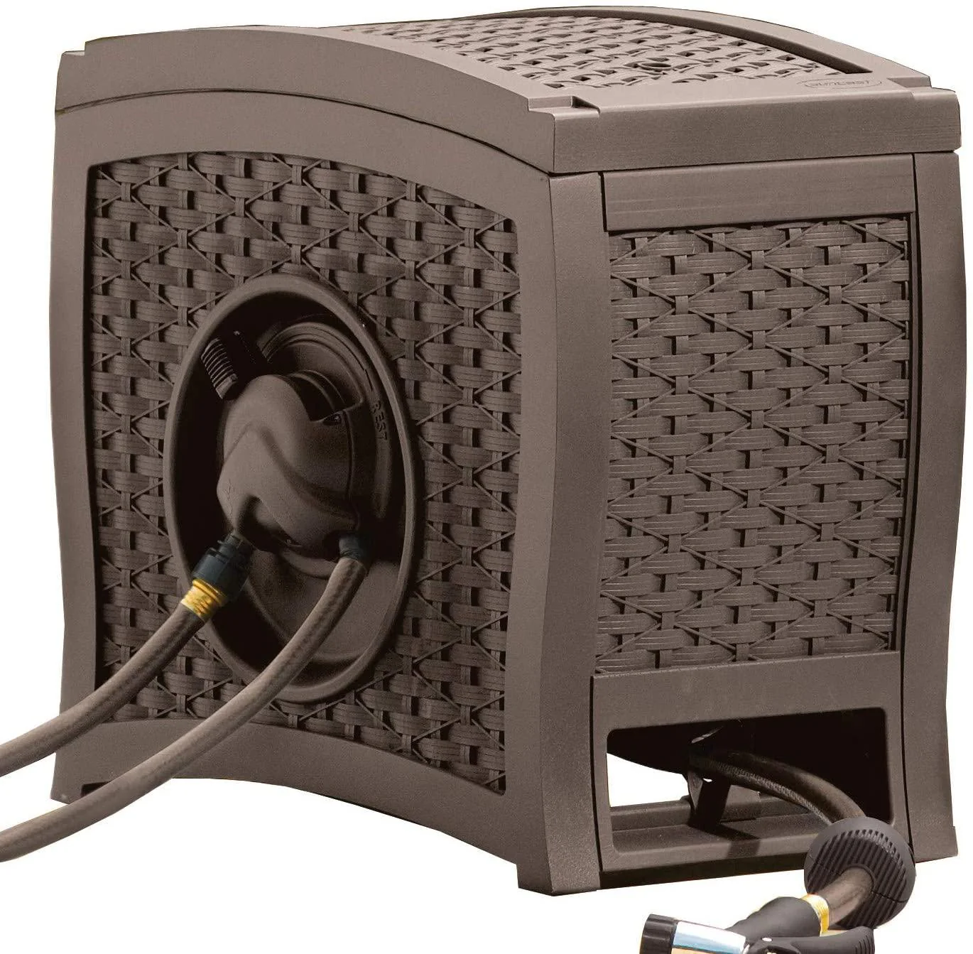 Suncast Aquawinder 125 Wicker Garden Hose Reel ?C Lightweight Portable Hands ?C Free Water Powered Retractable Hose Reel ?C Java