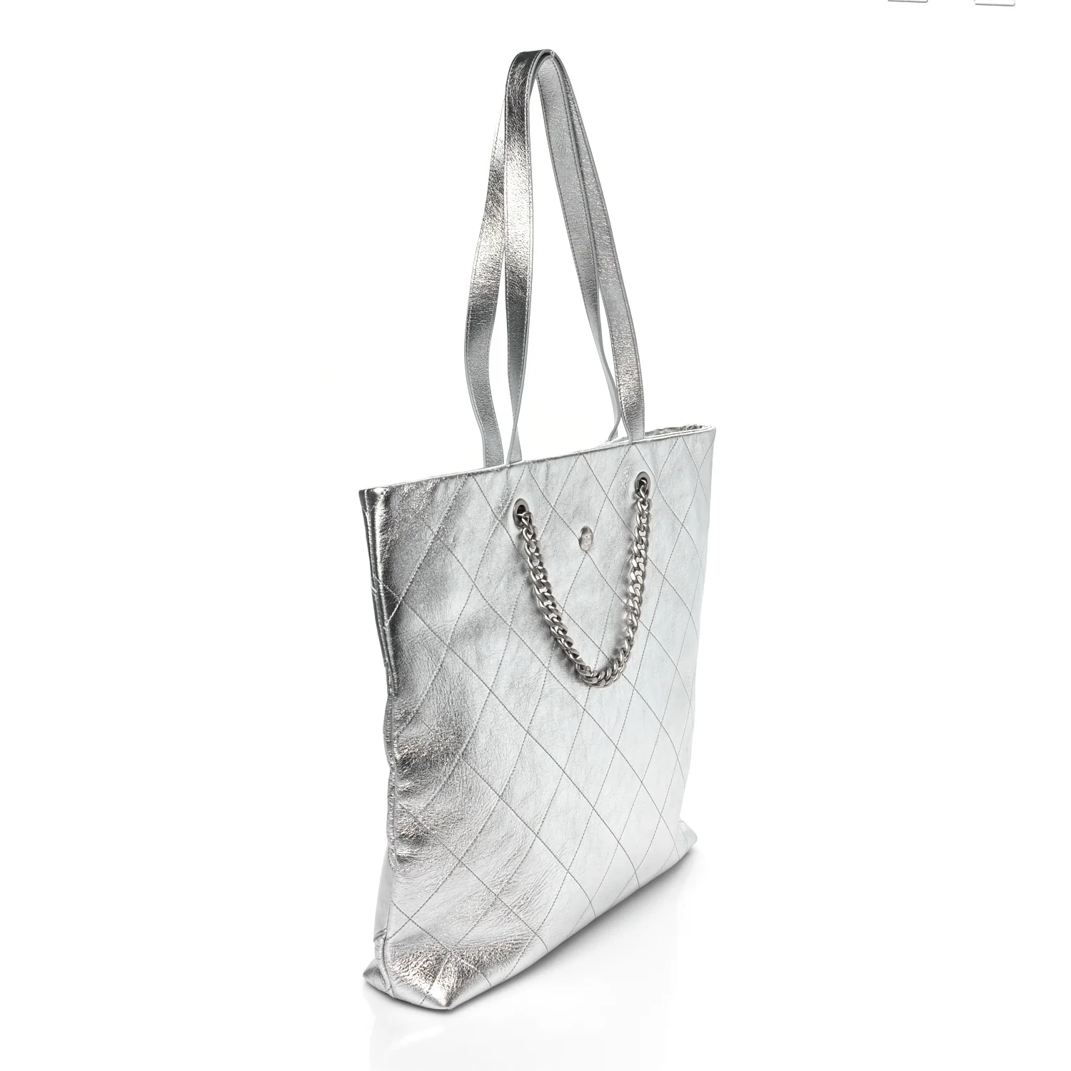 Metallic Calfskin Stitched CC Shopper Tote Silvery