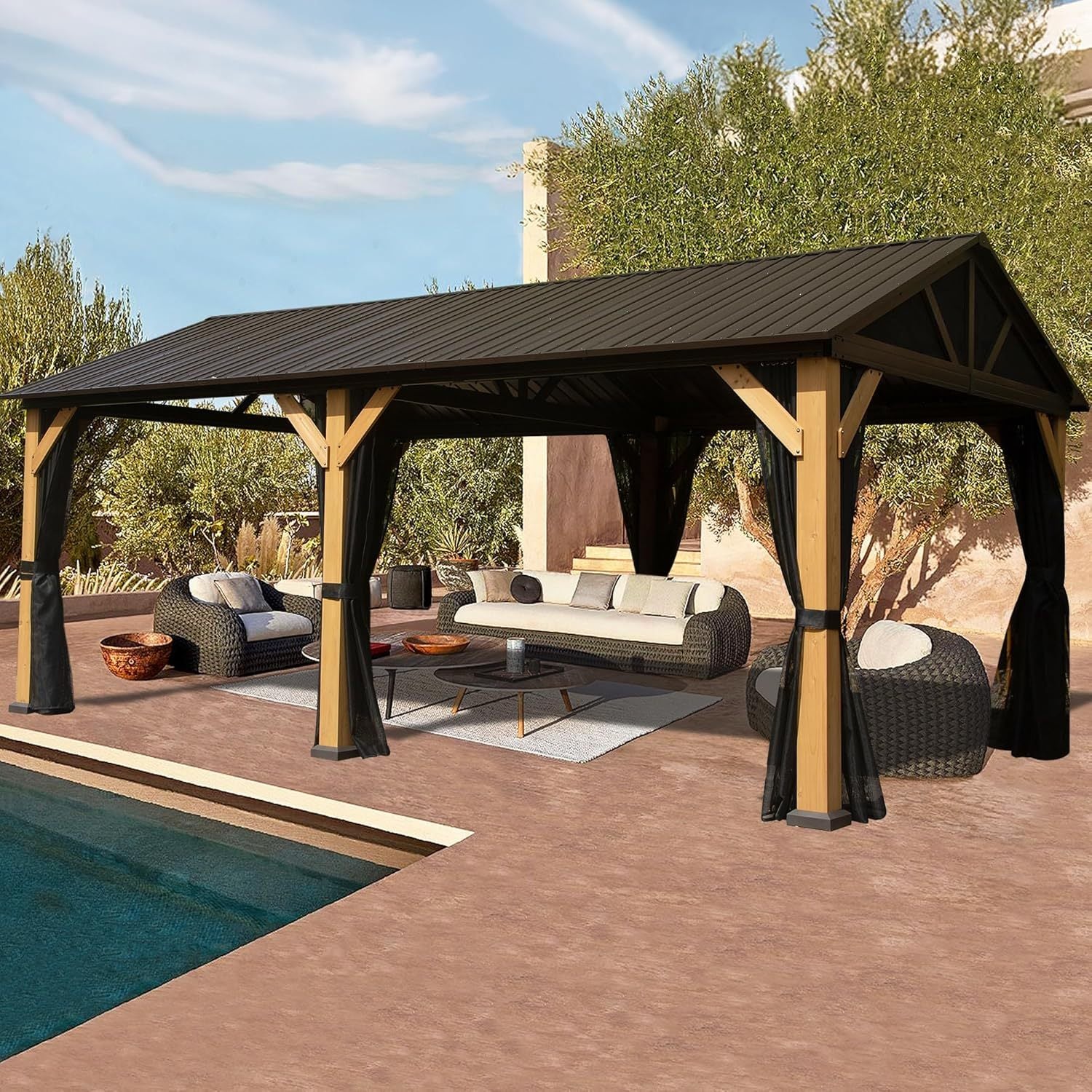 AECOJOY 12'x20' Wood Gazebo, Cedar Frame Hardtop Gazebo with Galvanized Steel Roof, Netting & Curtains