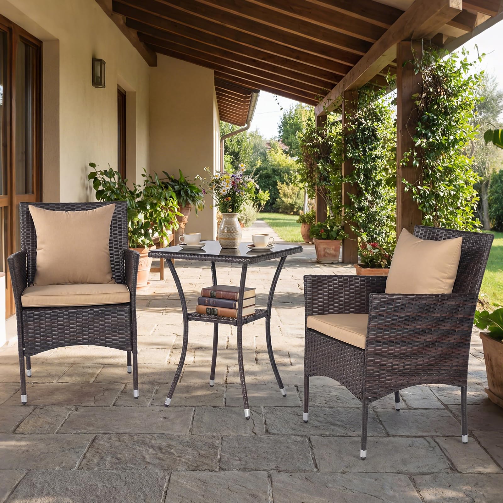 Tangkula 3 Pieces Patio Wicker Bistro Set | 2 Rattan Chairs w/ 2-Tier Tempered Glass Table