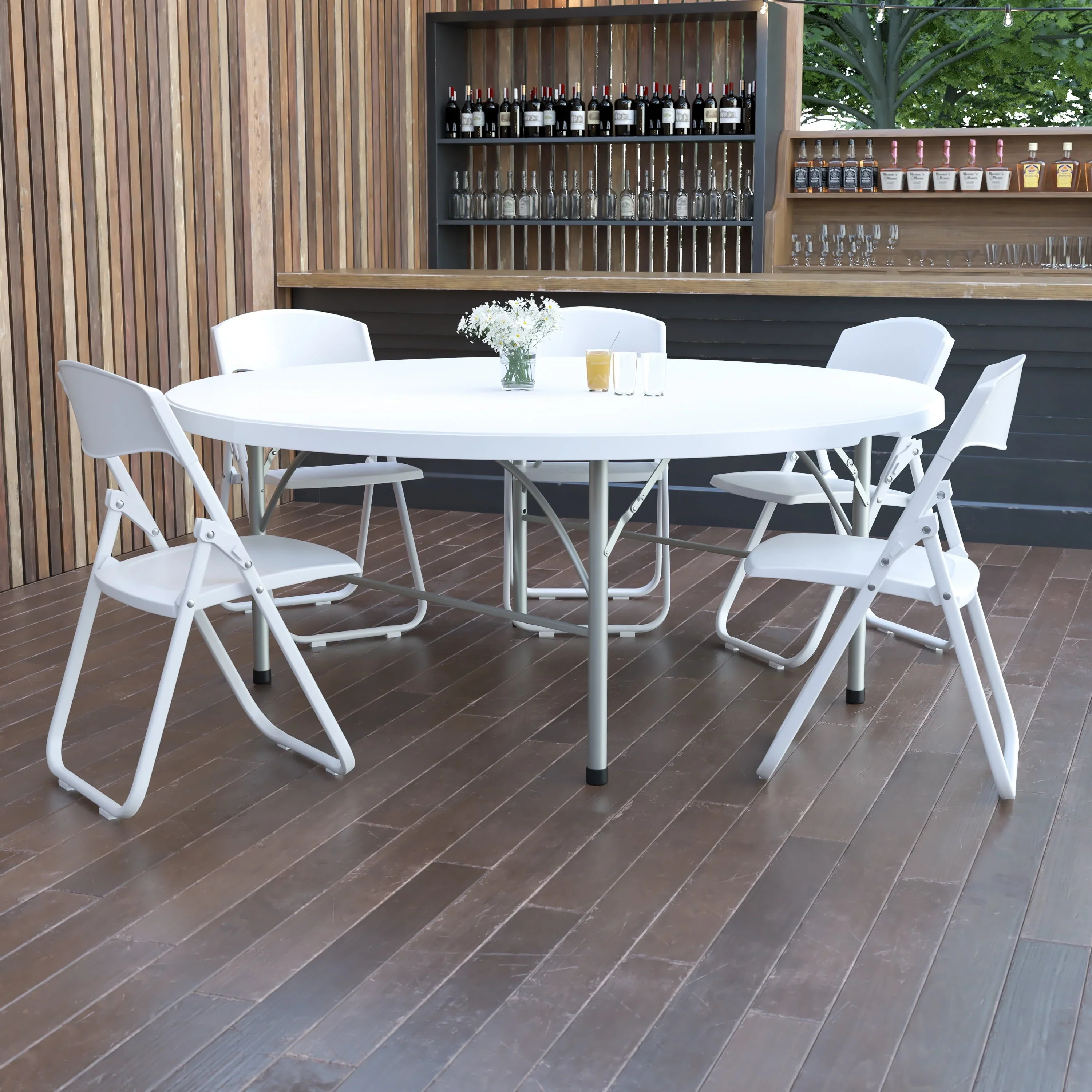 6-Foot Round Bi-Fold Granite White Plastic Banquet andt Folding Table with Carrying Handle DAD-183RZ-GG