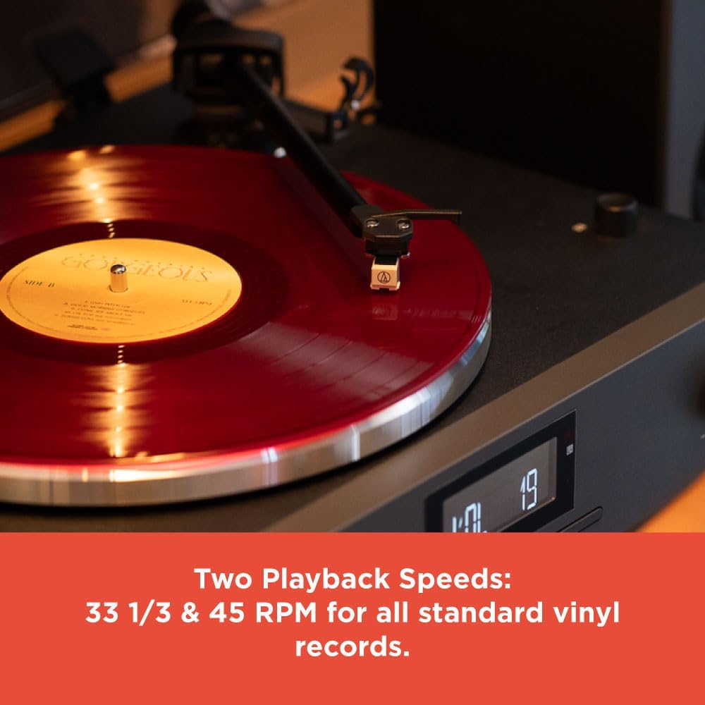 RadioShack Professional Turntable with Speakers  3-Speed Belt-Drive Vinyl Player  Bluetooth Input and Output  FM Radio  CD and USB Playback  Detachable Speakers  Anti-Skating System  Model 4001798