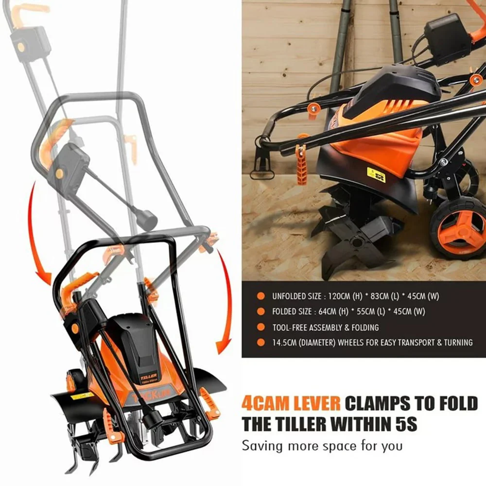 18'' Electric Tiller, Working Width(18''/12 5''), 8'' Tilling Depth with Foldable Handle,Removable Blade and Adjustable Wheels Image 5
