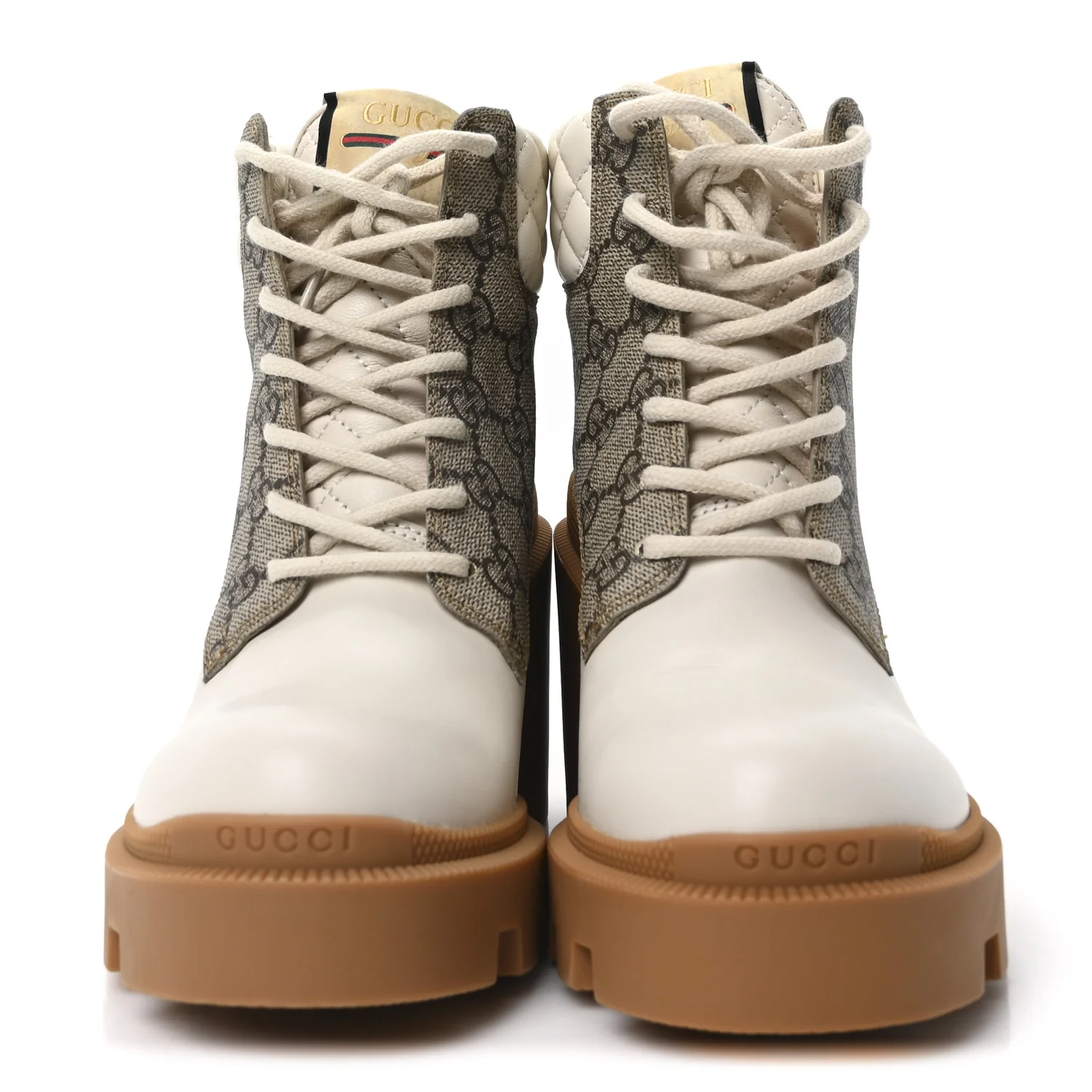 Calfskin GG Supreme Monogram Nappa Quilted Lace Up Ankle Boots 35 Mystic White Beige