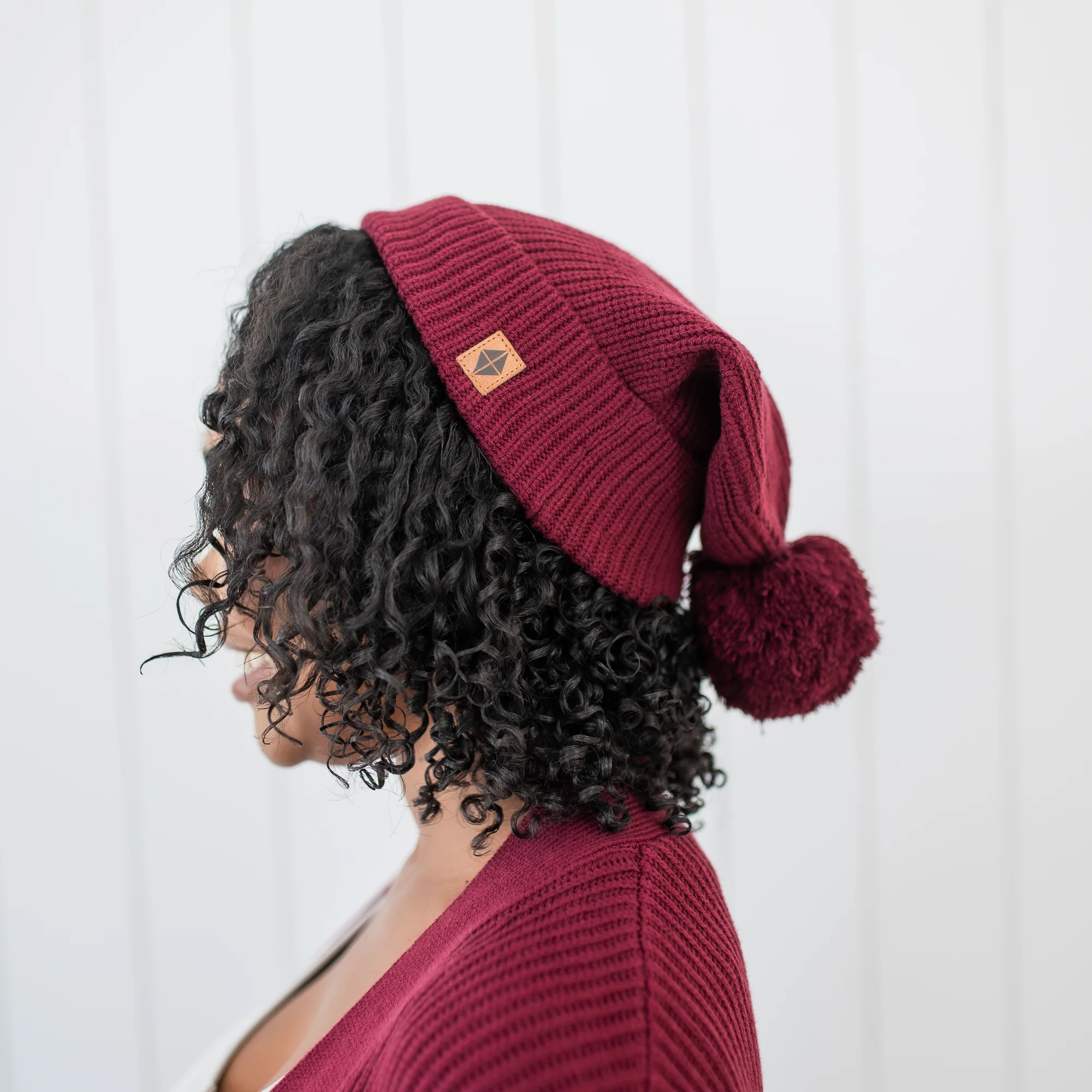 Chunky Knit Adult Pom Beanie in Burgundy