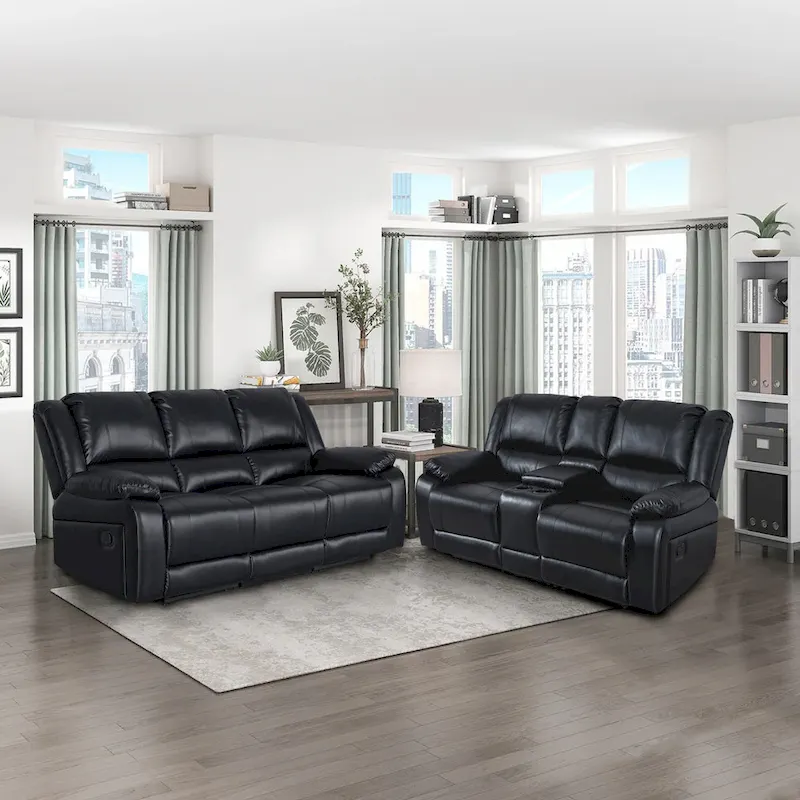 2-Piece Classic Faux Leather Reclining Sofa Set with Console and Cup Holders for Living Room