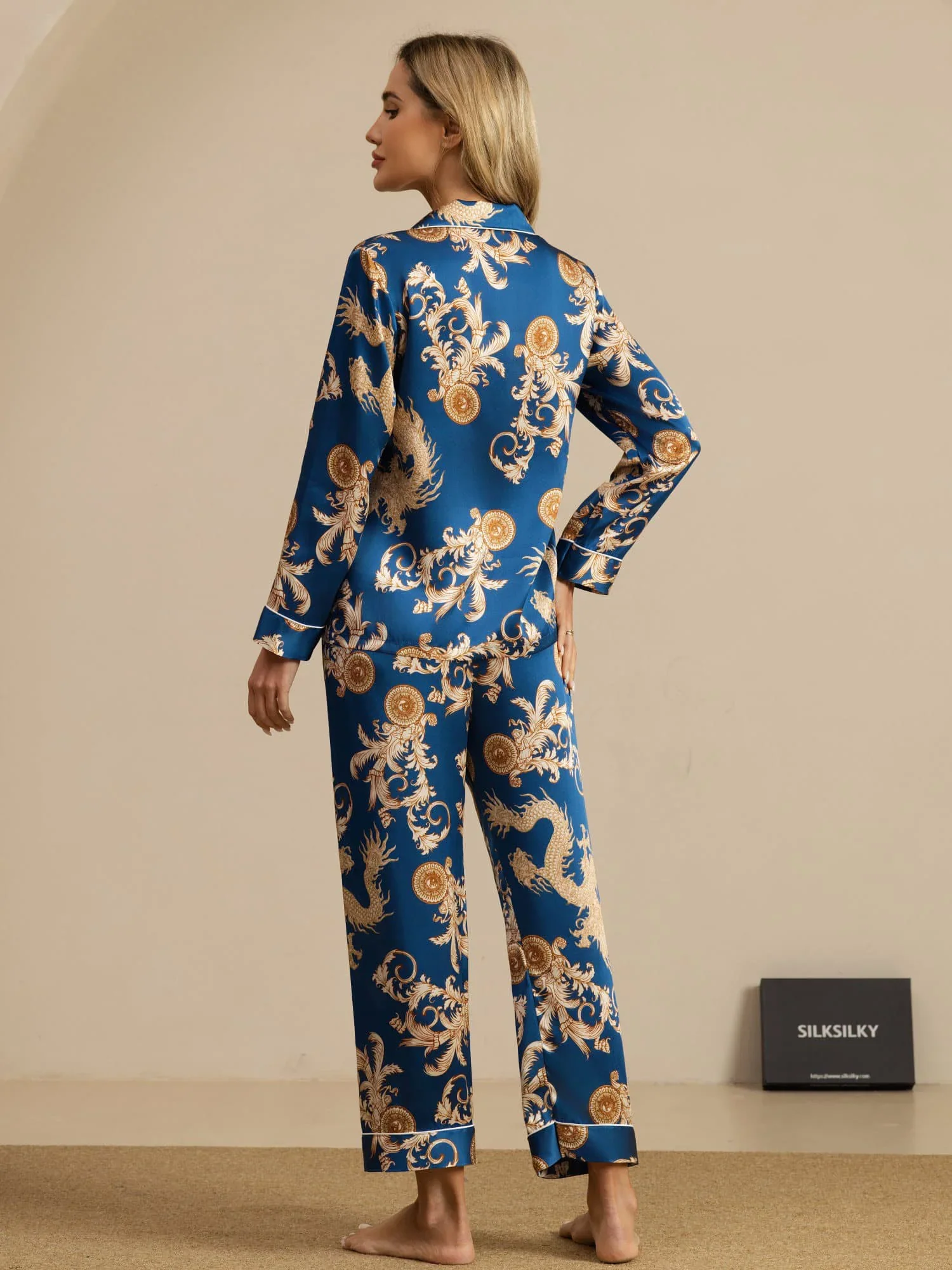 Pure Silk Dragon Print Long Sleeve Notch Collar Women's Pajamas Set With Pants