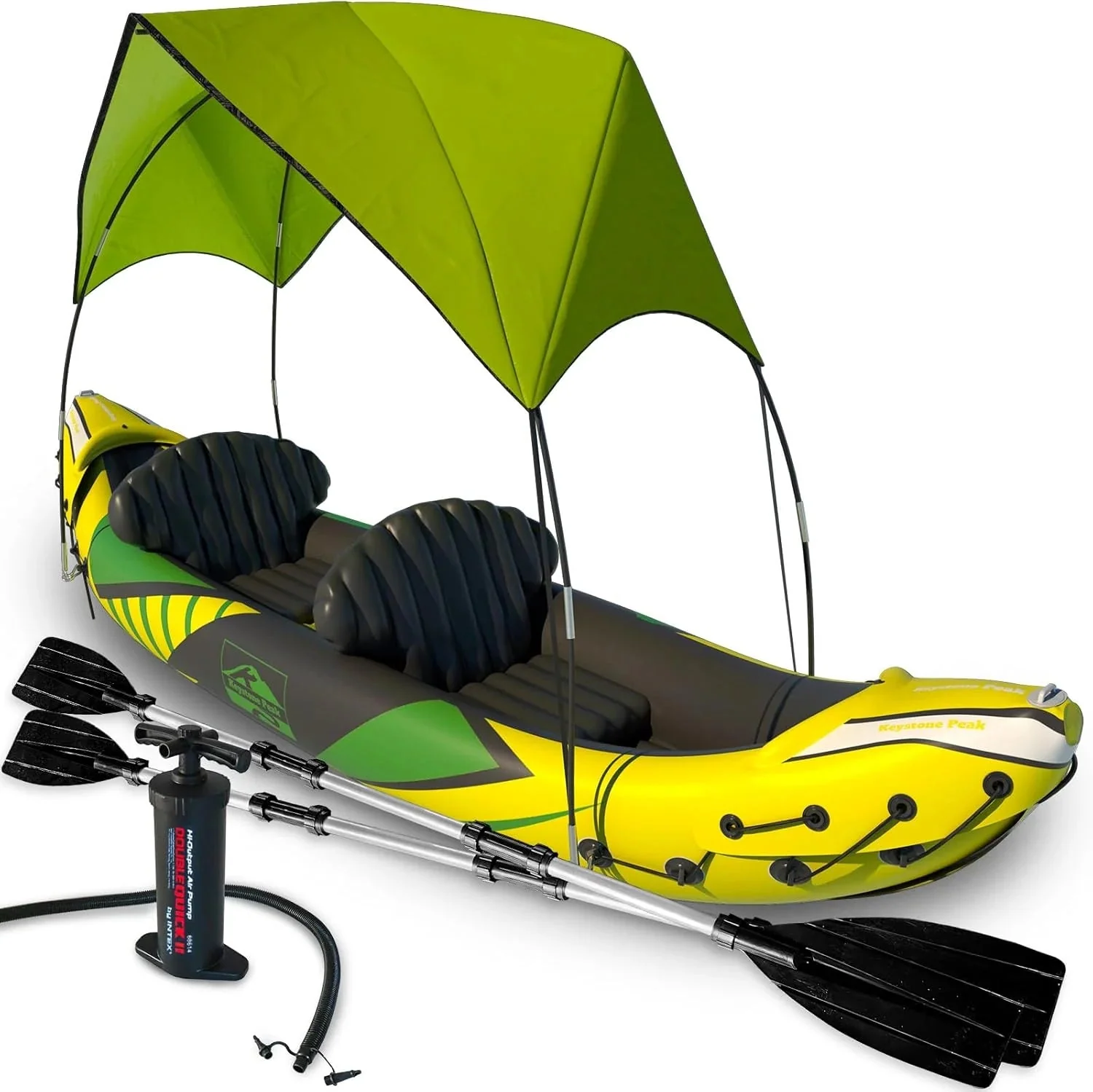 Kp Inflatable Kayak 2 Person with Sun Canopy Detachable Kayaks for Adults 3RD Seat for Dog Child Waterproof Phone Bags Adjustable