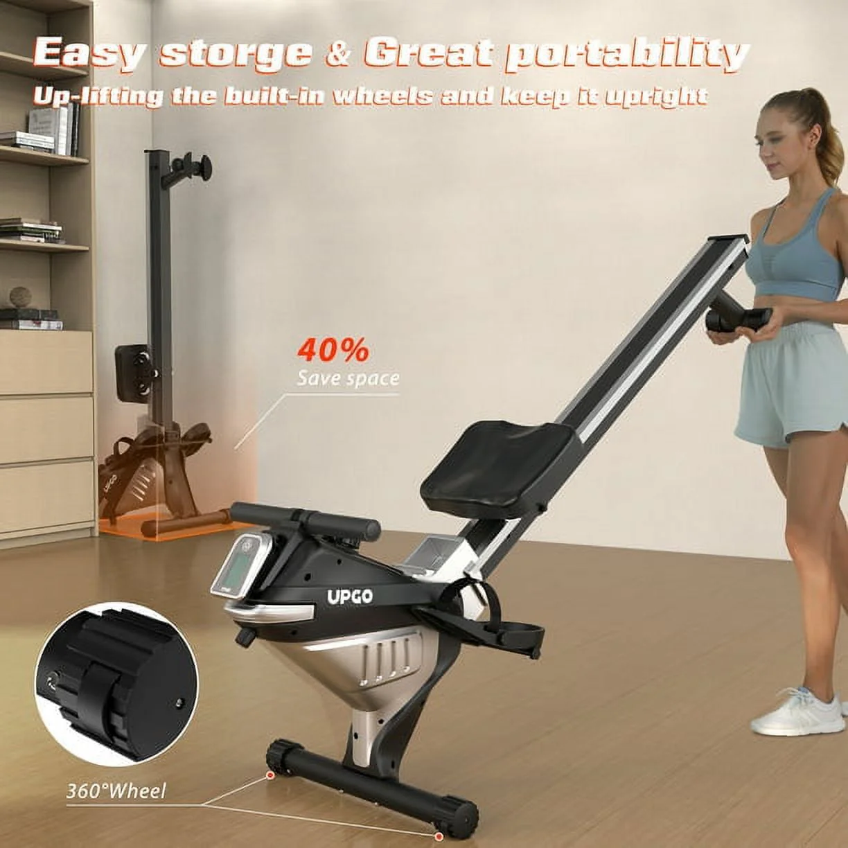 Upgo Rower Magnetic Rowing Machine Indoor Foldable Rower with 8 Level Adjustable Quiet Magnetic Resistance, Ergonomic Seat & LCD Monitor Cardio Exercise Training Max Weight 300 lb