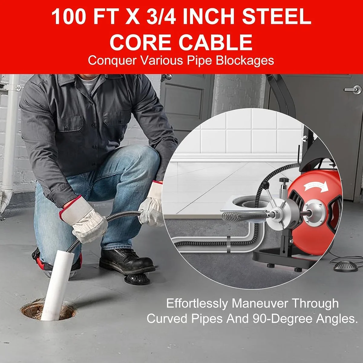 75 FTx1/2 Inch Drain Cleaning Machine, Auto Feed Sewer Snake Drill with Wheels, Pipe Spiral Cleaner with 4 Cutters and Pneumatic Foot Switch, for 2" to 4" Pipes(75Ft x 1/2) - Image 8