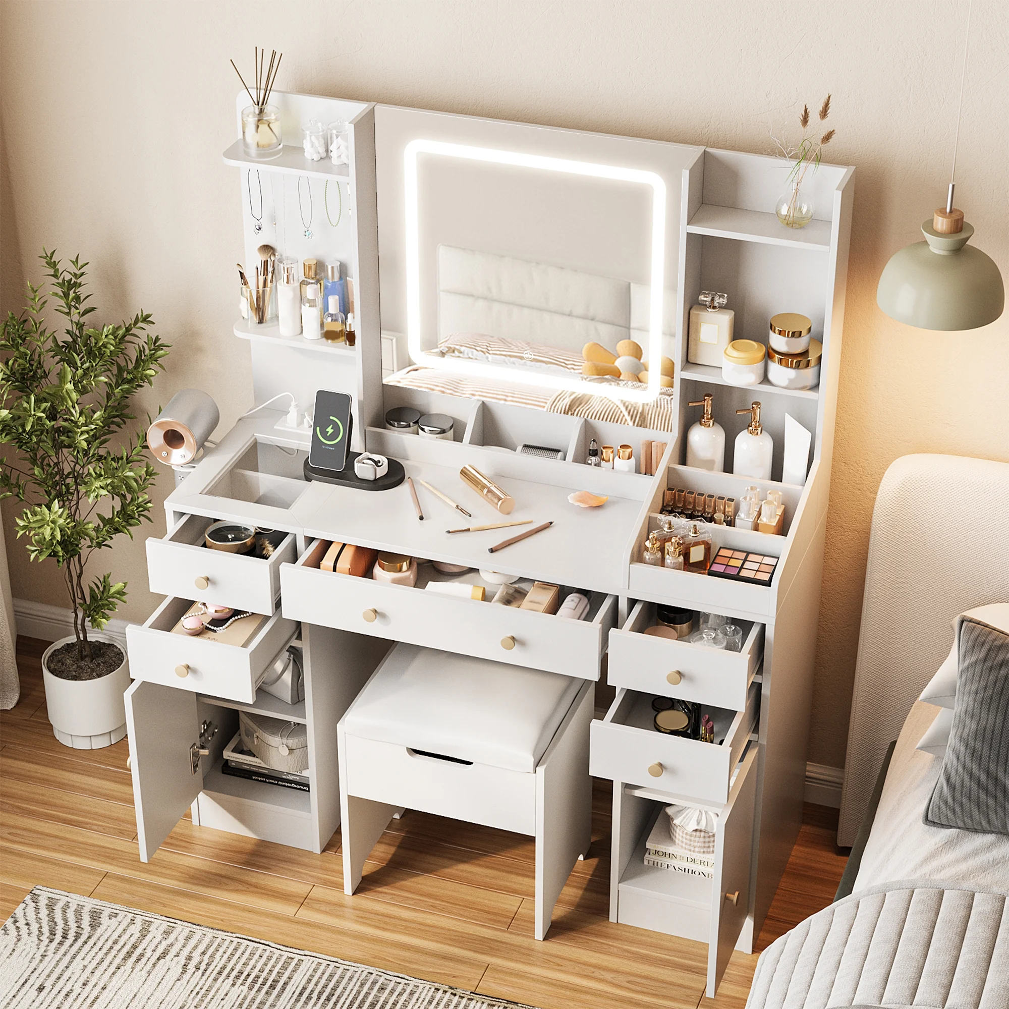 Vanity Set with Mirror and Lights, Makeup Table with Charging Station,5 Drawers Storage Shelves, White(white) - Image 7