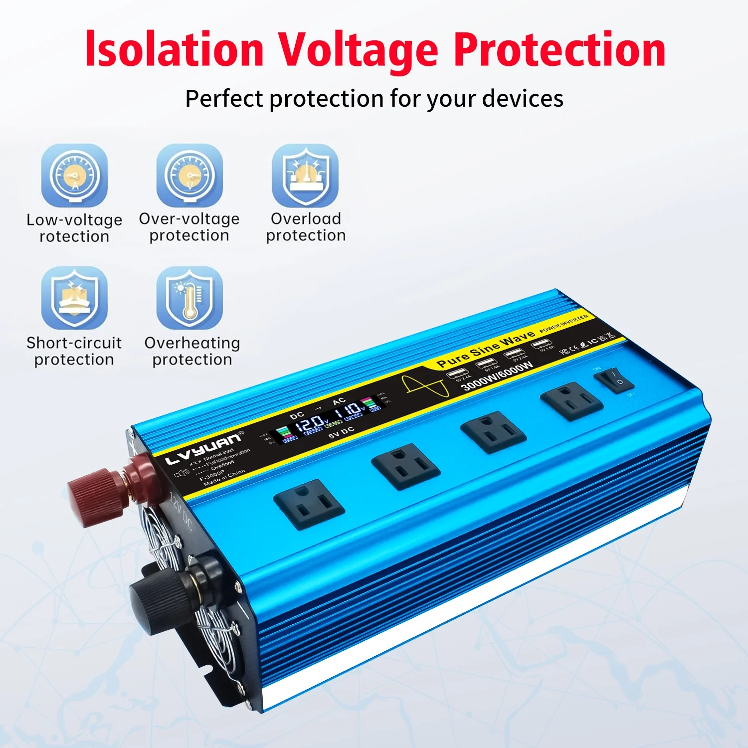 LVYUAN 3000watts Pure Sine Wave Power Inverter DC 12V to AC 110V 120V Converter 4USB 4AC LCD Display with Remote Control