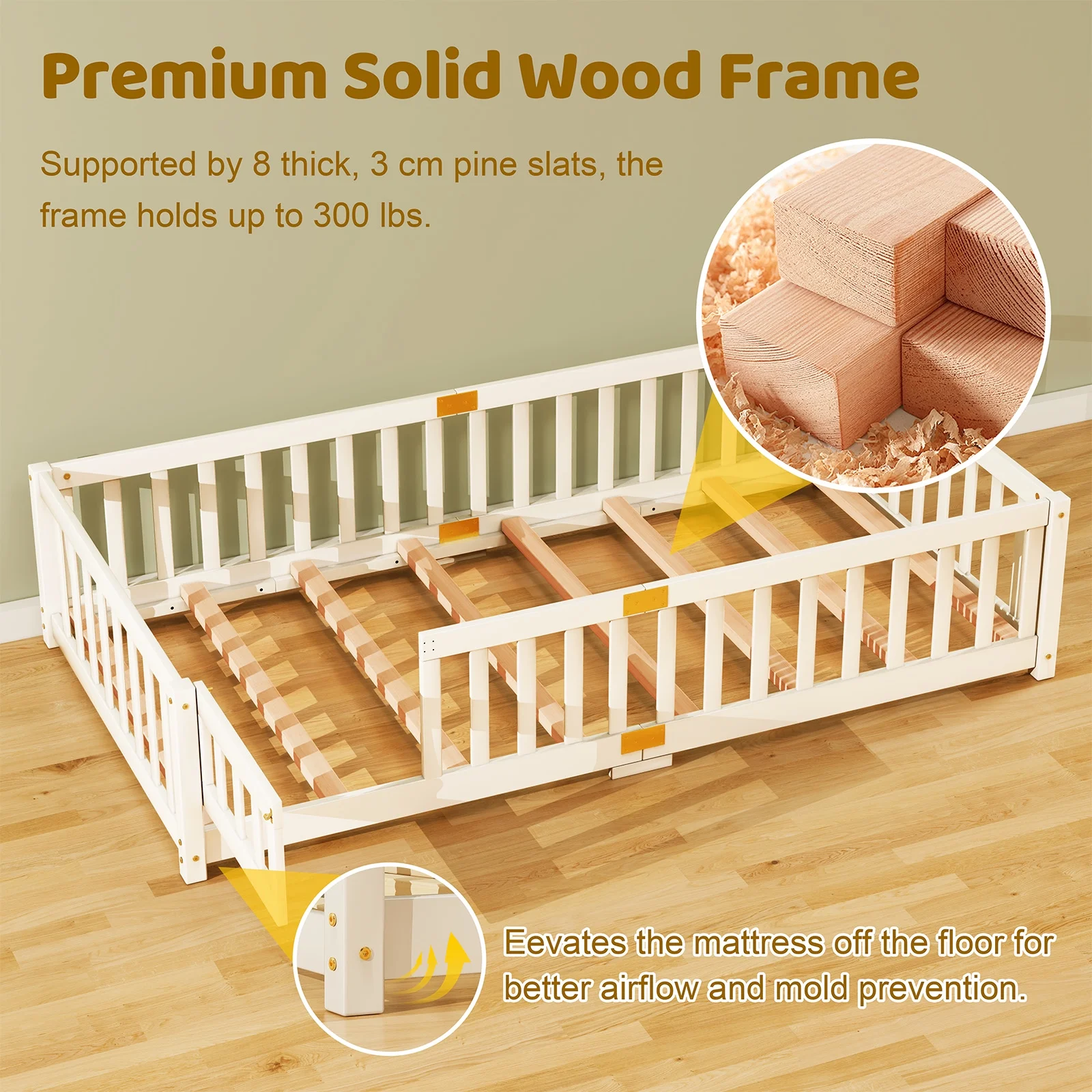 Twin Size Toddler Floor Bed, Solid Wood Montessori Bed Frame with Fence Door Montessori Floor Bed Crib with Safety Guardrails for Girls and Boys(White Twin) - Image 10