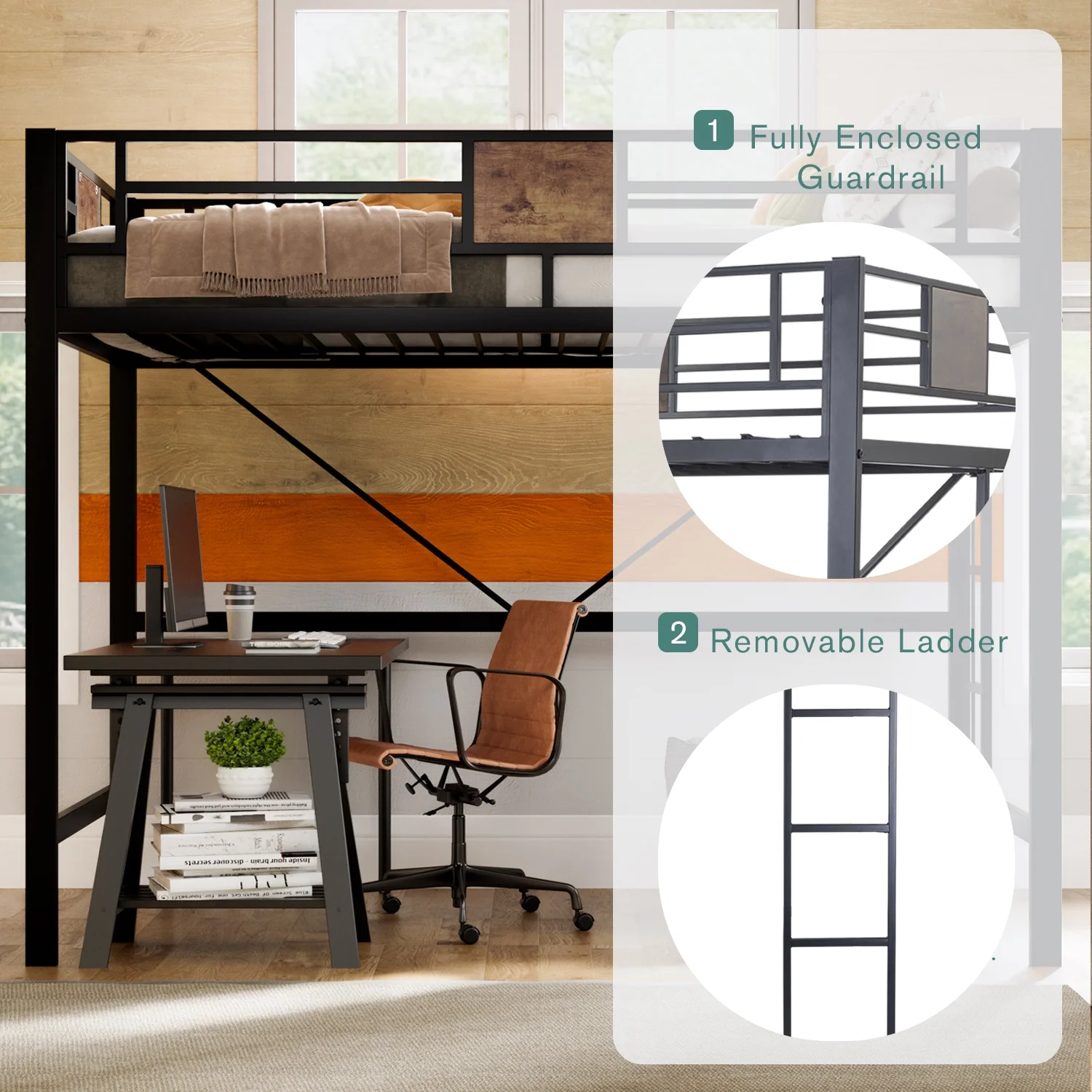 Twin Size Loft Bed Frame with 13''Fully Enclosed Guardrail and Removable Ladders, Black Image 3