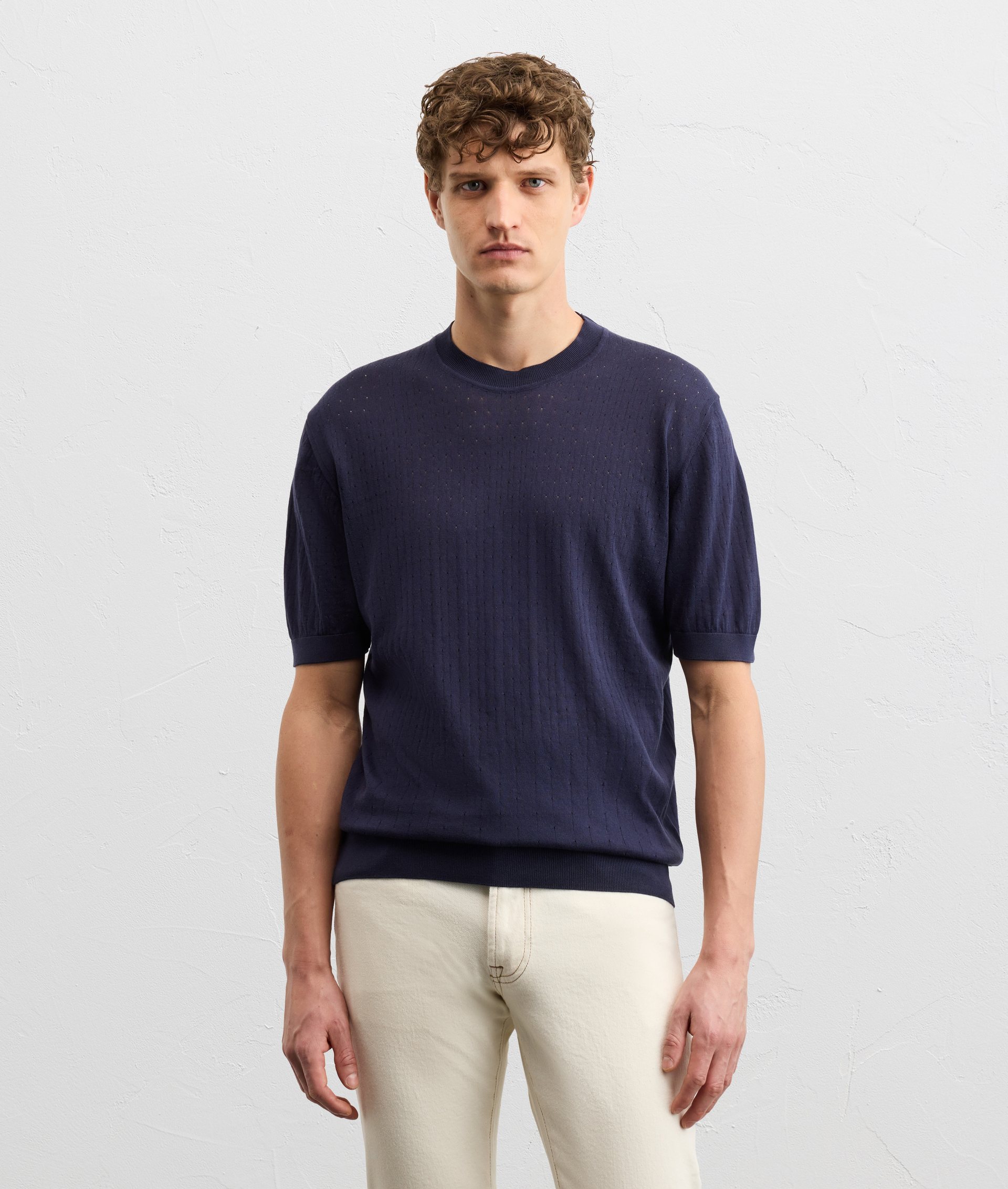 NAVY BLUE COTTON KNIT T SHIRT WITH SHORT SLEEVES AND DEGRADE STITCHING