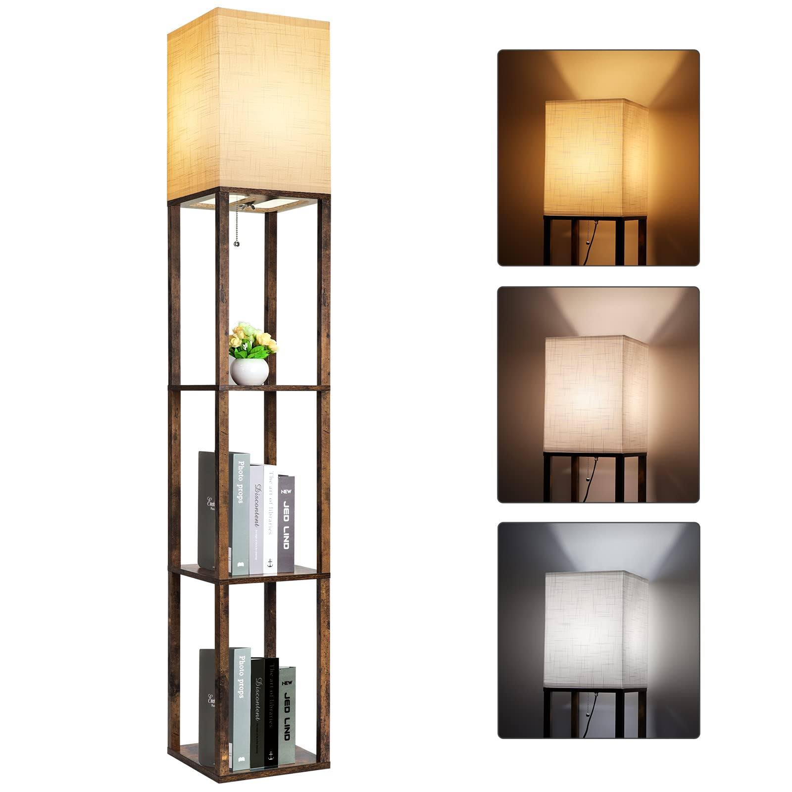 RUNTOP Floor Lamp with Shelves, Modern Shelf Lamp for Display Storage, 3 Color Temperature Wood Narrow Standing Corner Lamp with 8W Bulb for Living