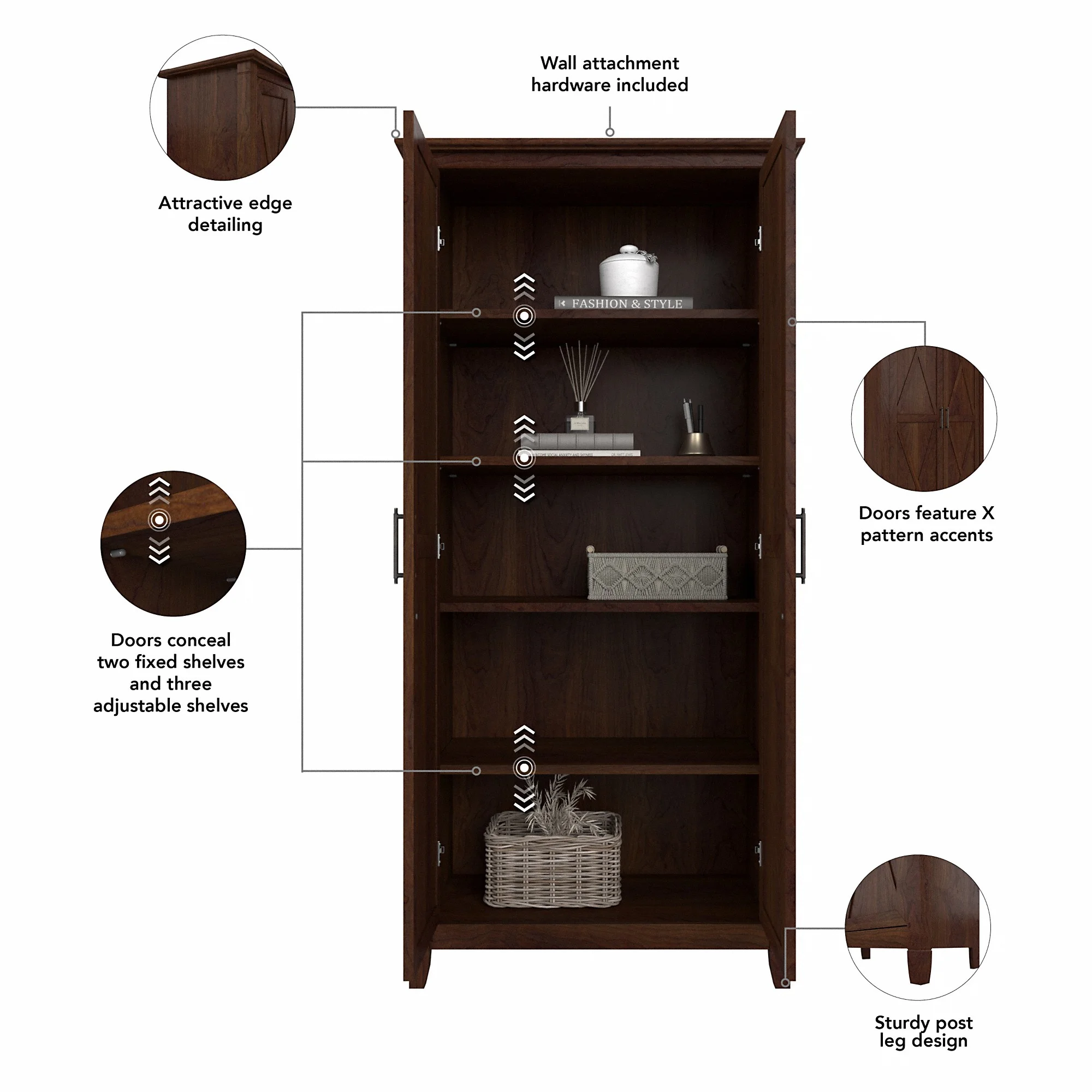 Key West Tall Bathroom Storage Cabinet with Doors, Bing Cherry(Bing Cherry) - Image 4