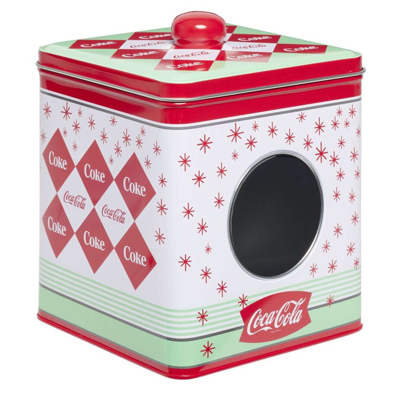 Boîte alimentaire Coca Cola carrée métal avec fenêtre H16cm (2 modèles)