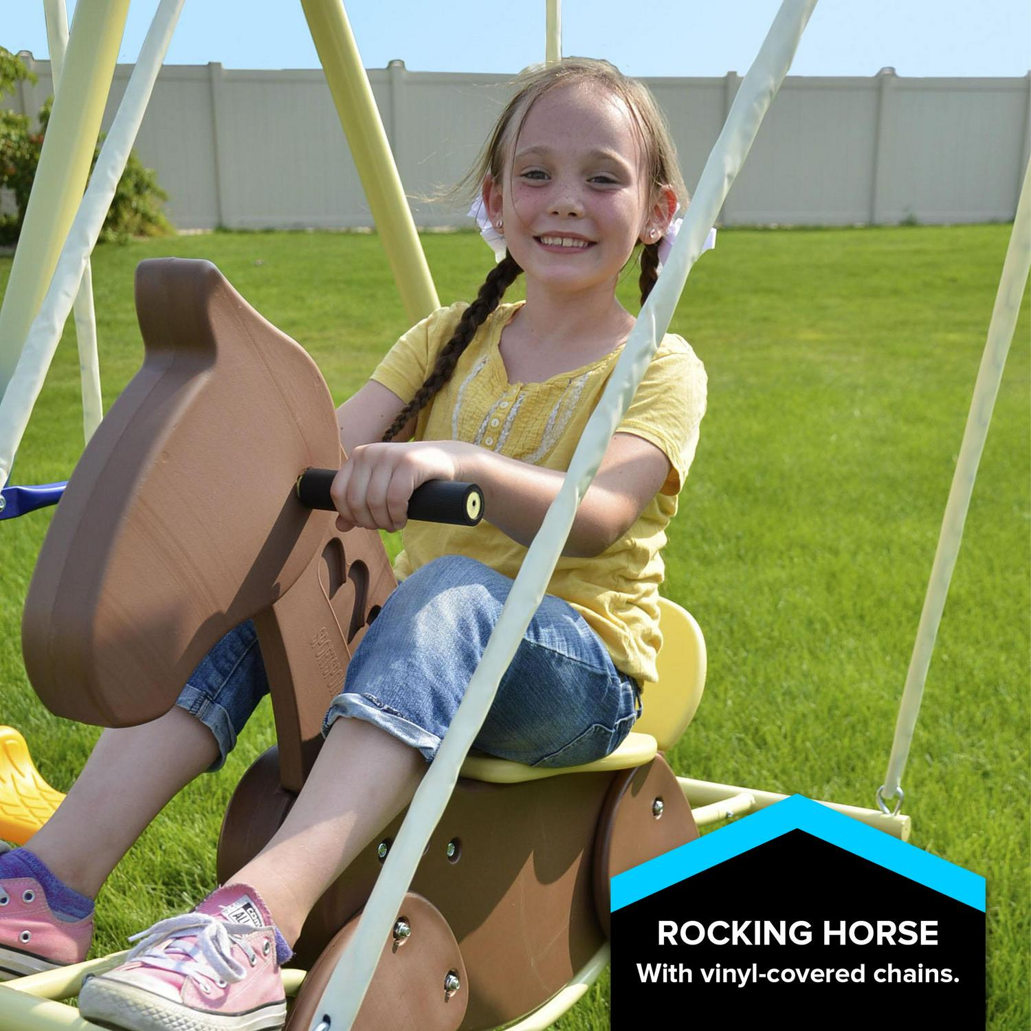 Super 8 Metal Swing Set. Rocking Horse. Saucer Swing. Glide Ride. Two Swings and Slide - Image 3