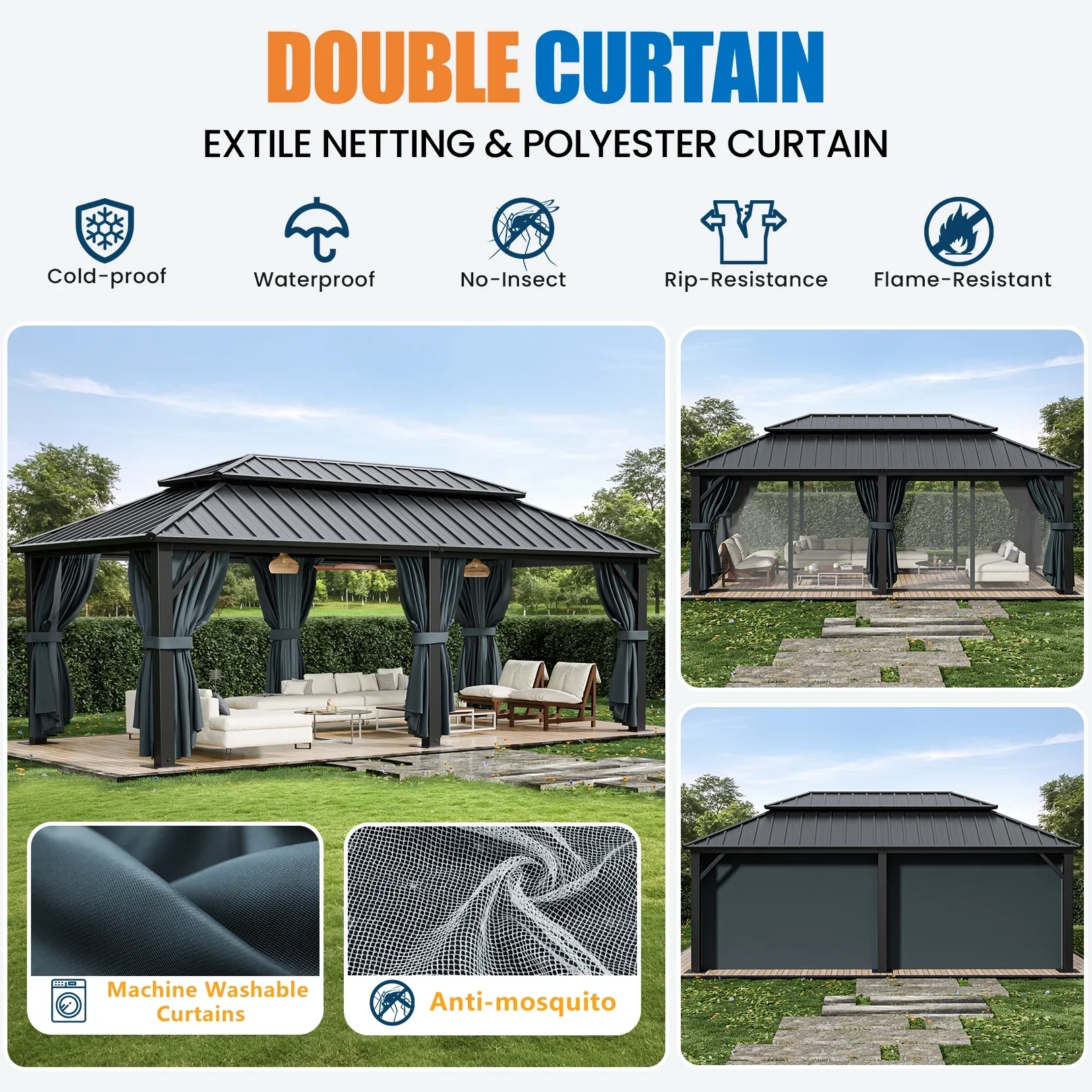 COBIZI 10x12 Hardtop Gazebo Aluminum Gazebos with Galvanized Steel Double Roof Metal Gazebo with Curtains and Netting Permanent Steel Gazebo for Backyard, Garden and Patio, Brown