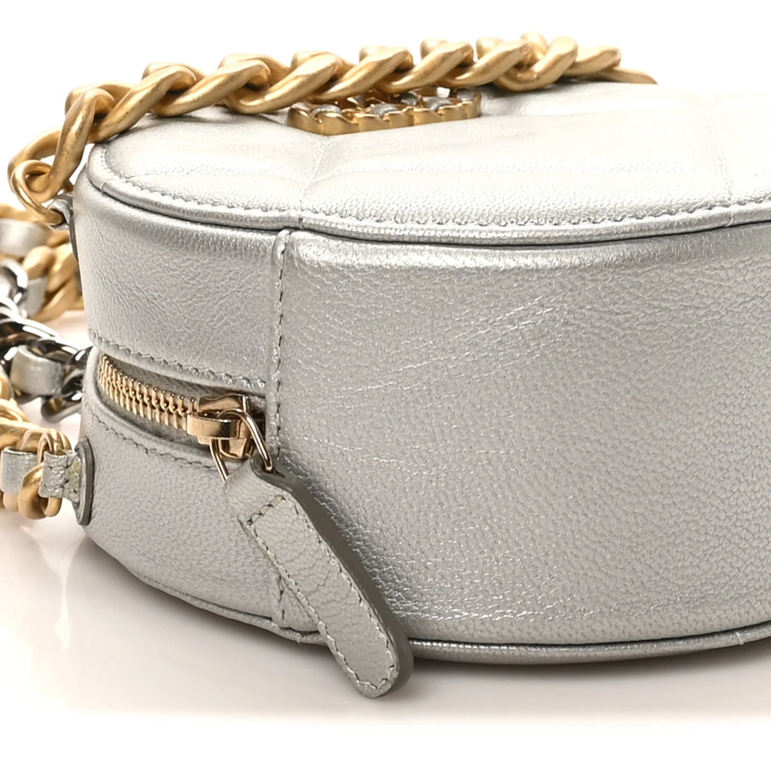 Metallic Lambskin Quilted Chanel 19 Round Clutch With Chain Silver