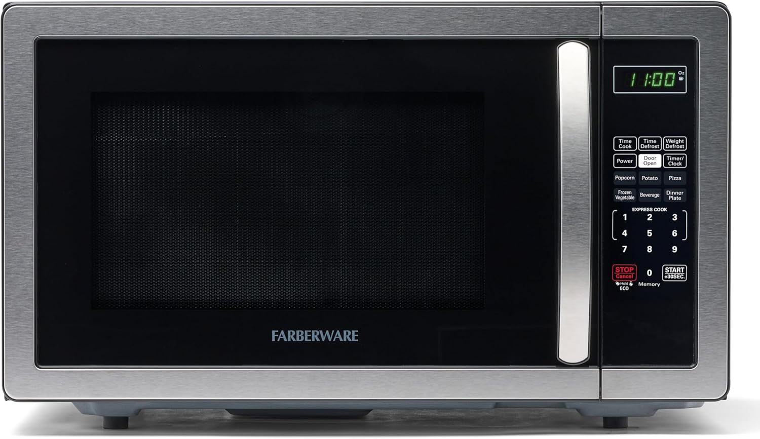 Farberware 1.1 CuCountertop Microwave Oven – 1000 Watts Power, Auto Cook Settings, Defrost, Easy Clean and Child Safety Lock - Stainless