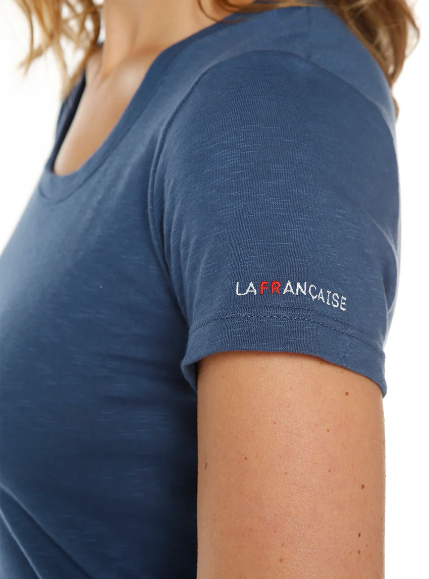 Tee-shirt femme uni bleu orage en coton