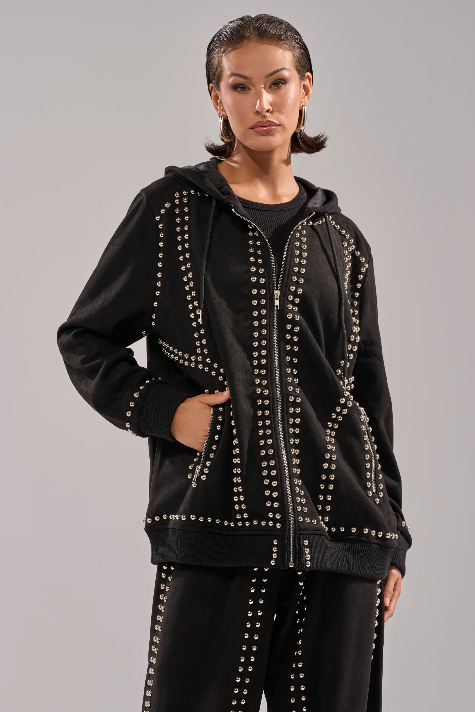 ASHLEY STUDDED ZIP UP SWEATSHIRT - Akira Store