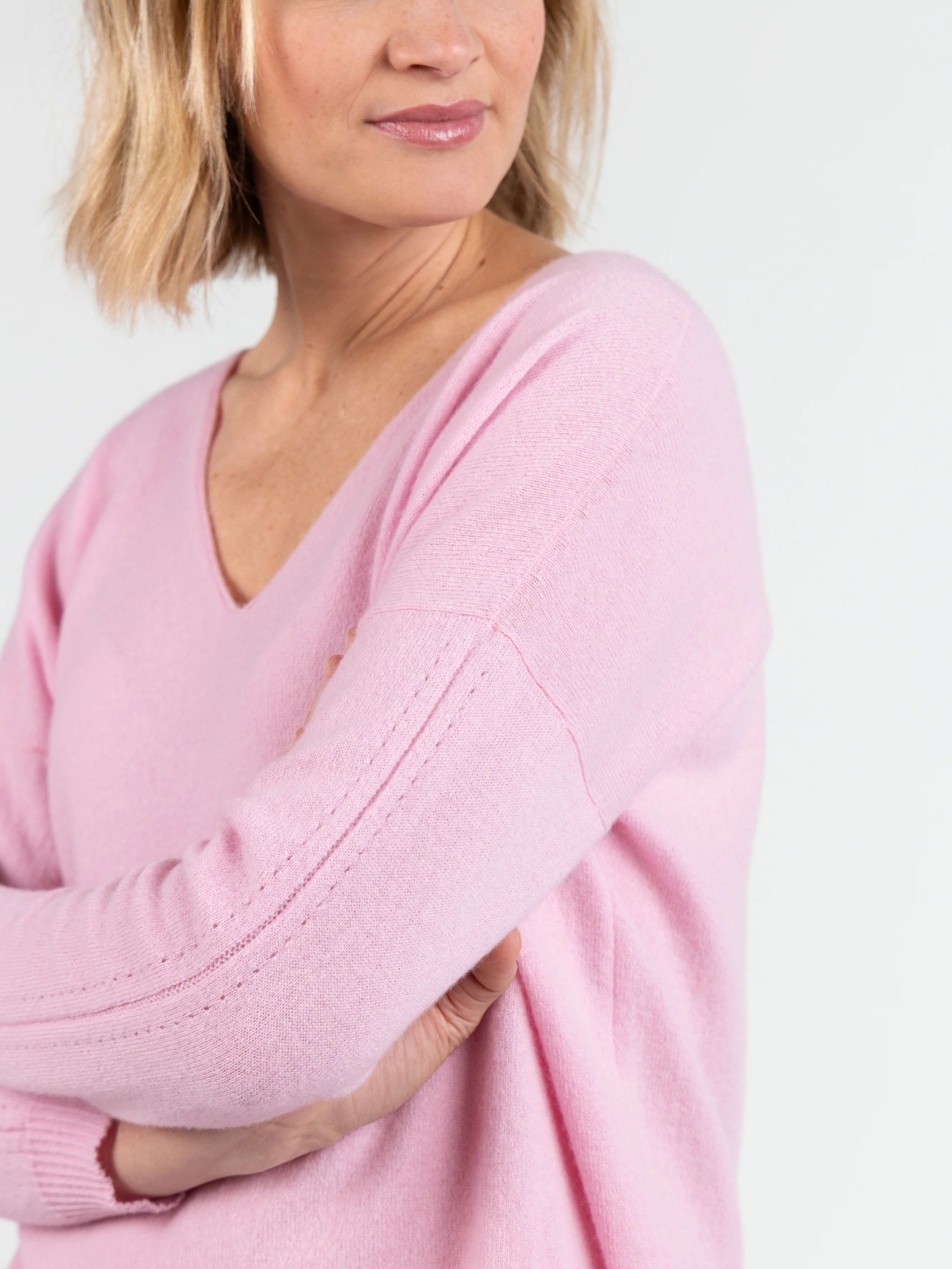 Pull femme col V laine et cachemire rose