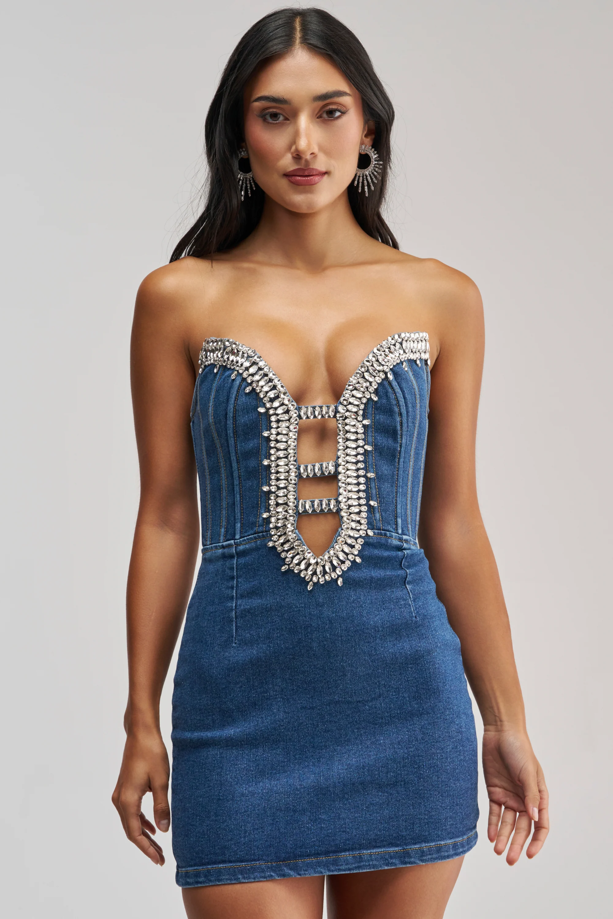 FEELIN THE LOVE RHINESTONE DENIM MINI DRESS - Akira Store