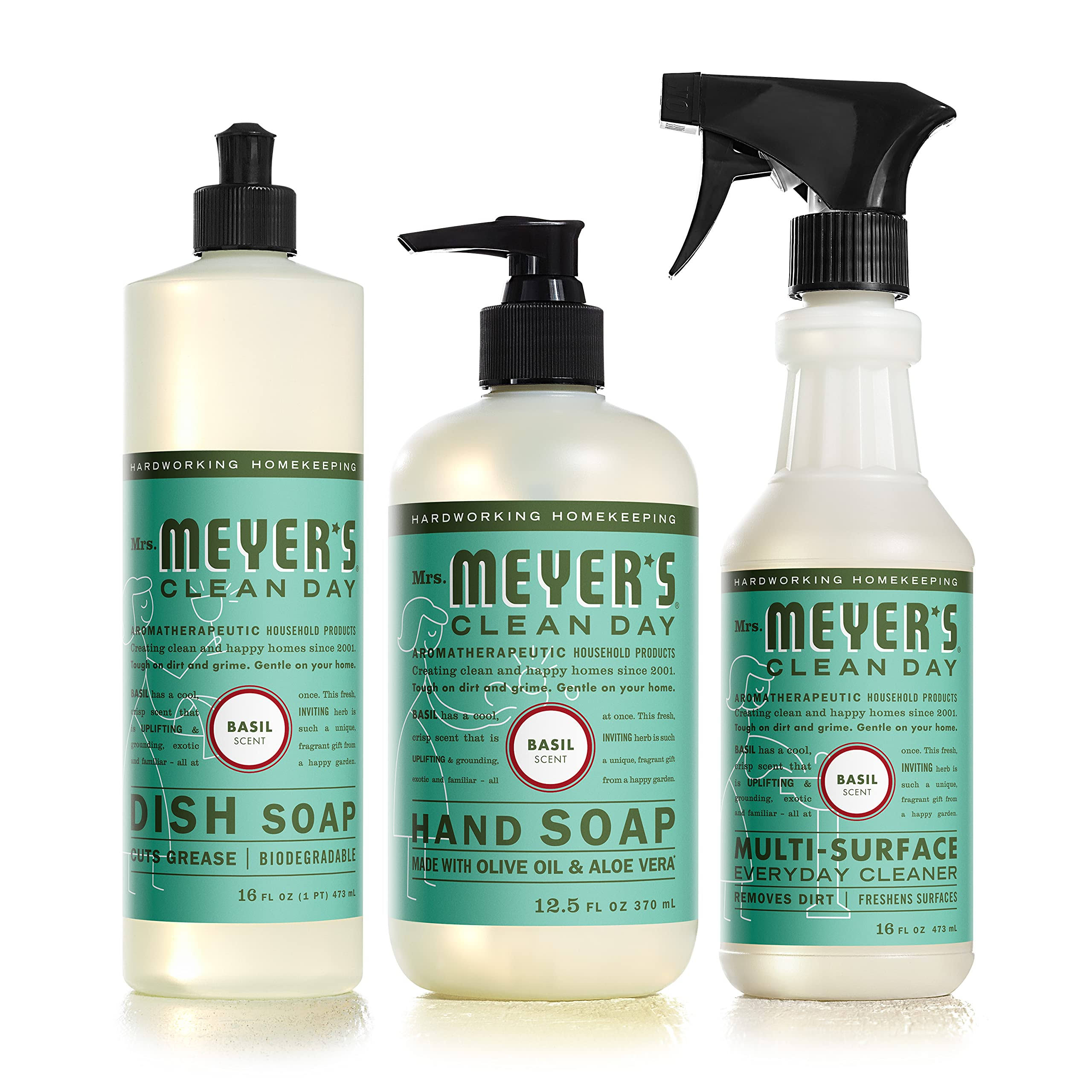 Mrs. Meyer's Kitchen Essentials Set, Includes: Hand Soap, Dish Soap, and All Purpose Cleaner, Basil, 3 Count Pack