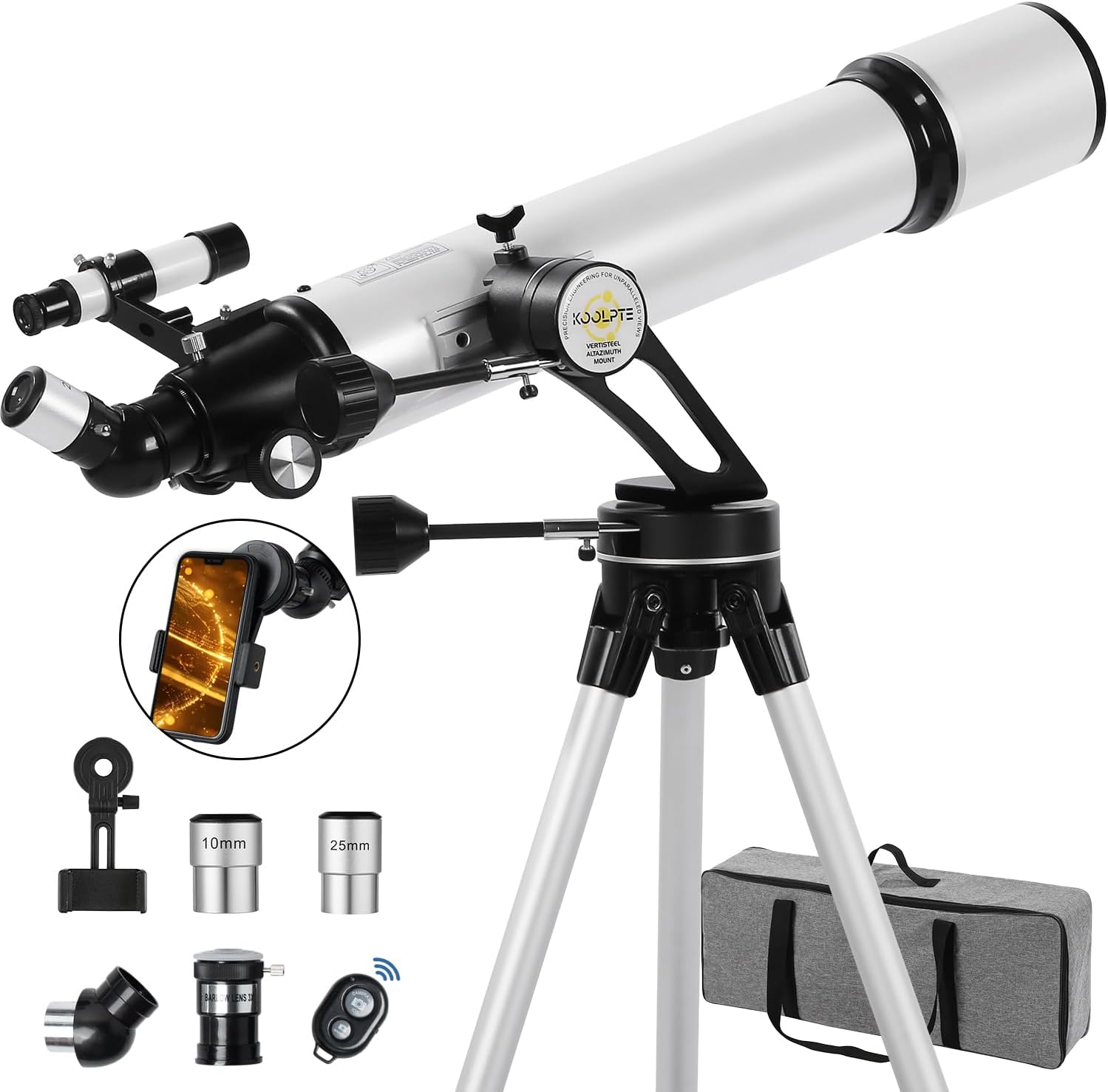 Telescope 90mm Aperture 700mm with Vertisteel AZ Mounting Slow-Motion Mount  High Power Telescopes for Adults Astronomy  Easy for Beginners  with Carry Bag Wireless Remote Control  Phone Adapter White