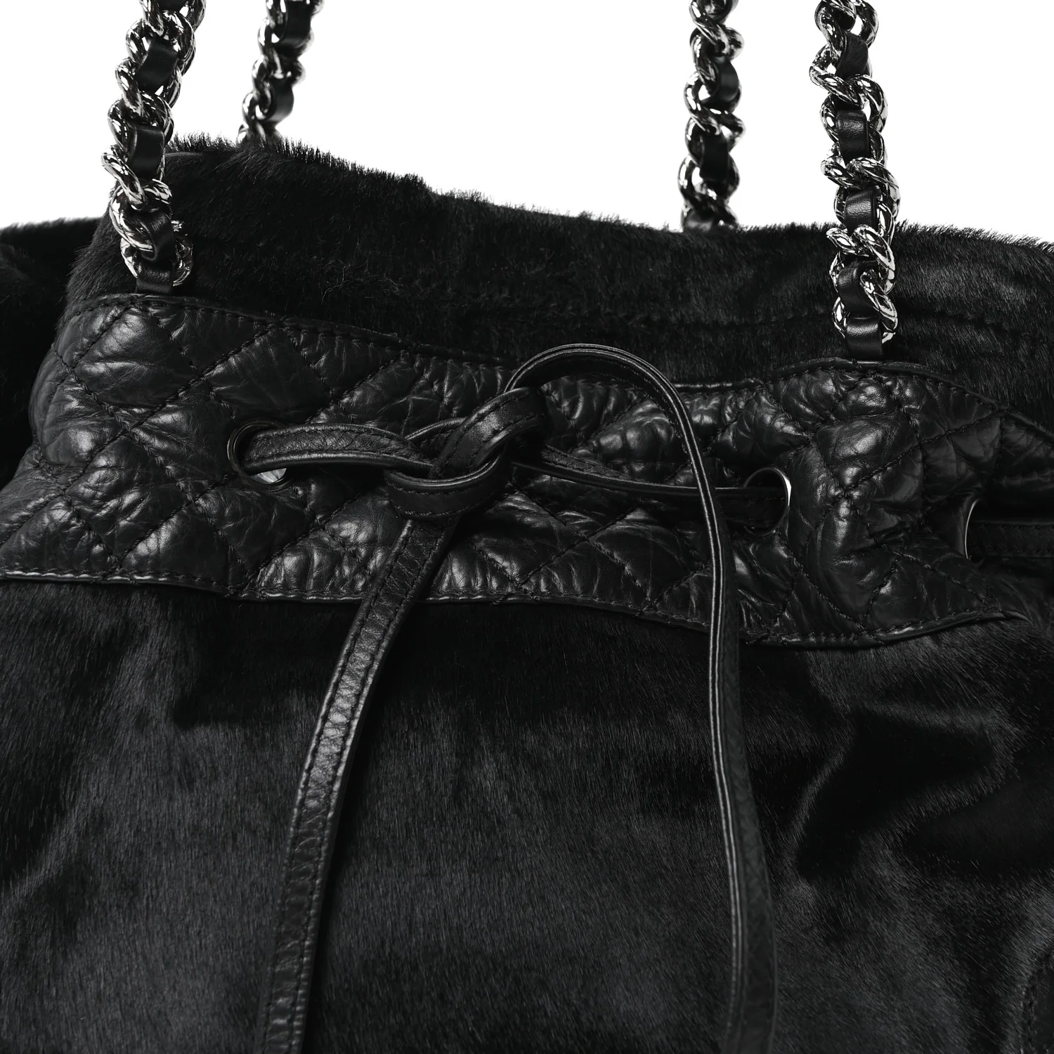 Aged Calfskin Pony Hair Quilted Small Miss Pony Drawstring Tote Black