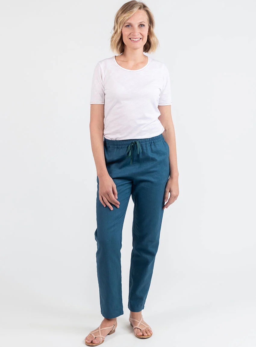 Pantalon femme en lin et coton bleu paon