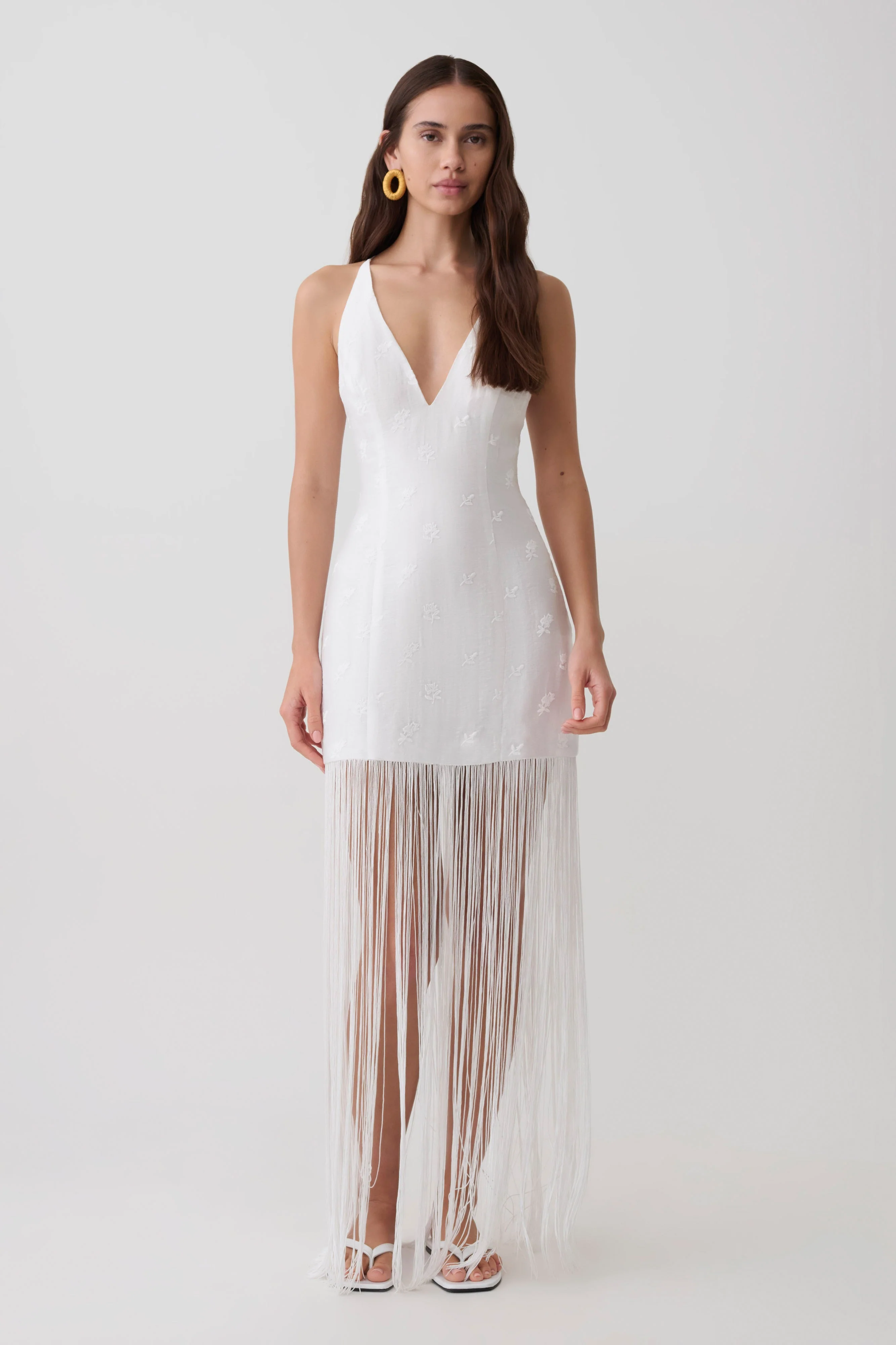 Abigail V Neck Fringe Maxi Dress - White