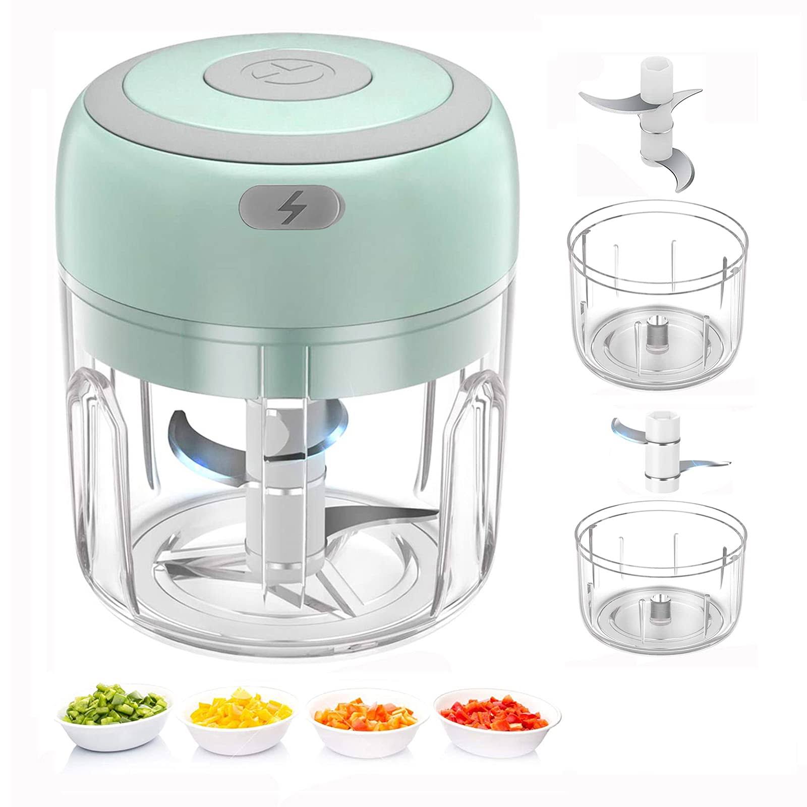 Electric Mini Food Chopper, Rechargable Small Food Processor for Garlic, Puree, Onion, Herb, Veggie, Ginger, Fruit Blender (250ml+100ml 2 Cups, Green)