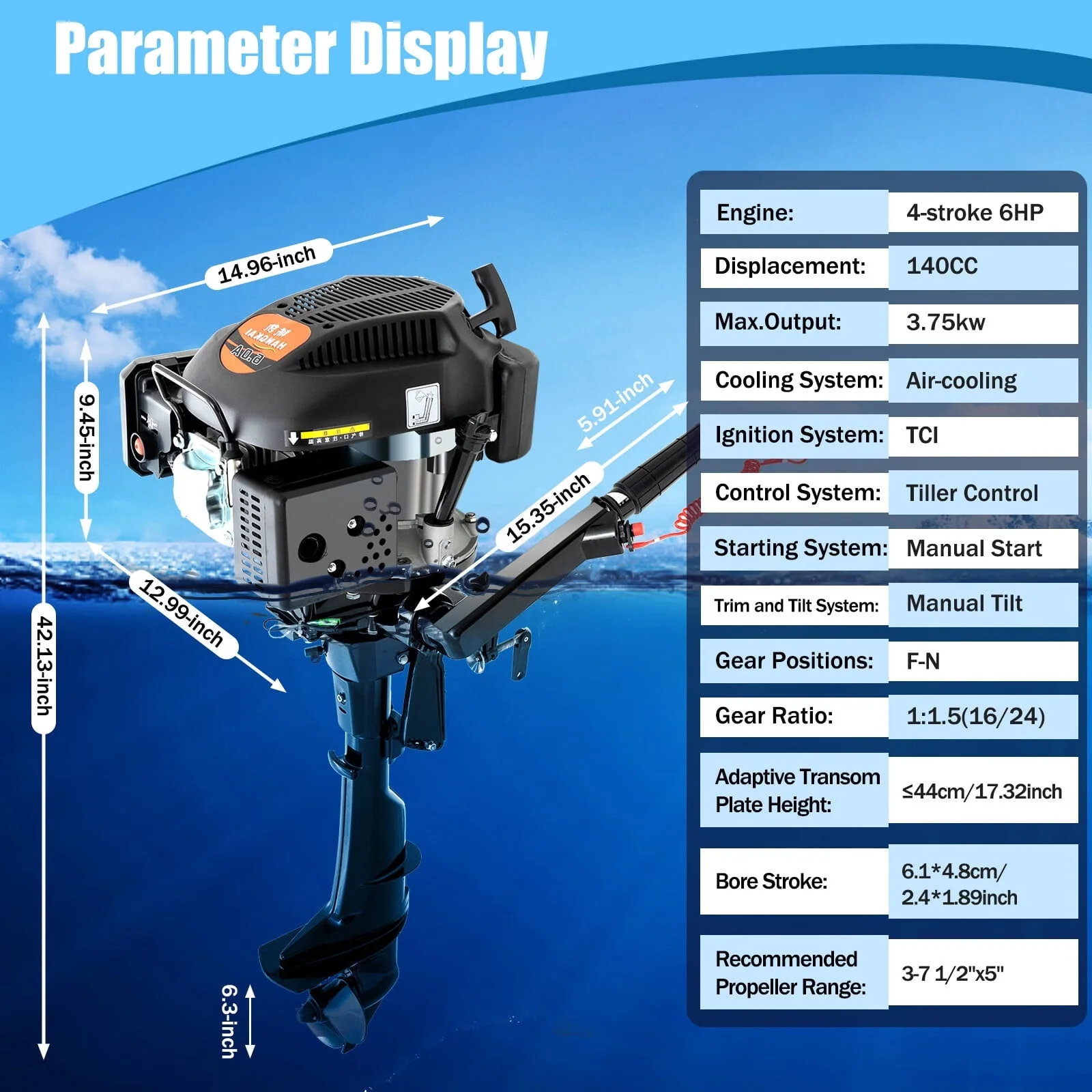 6HP 4 Stroke 140CC Outboard Motor Heavy Duty Inflatable Fishing Boat Gasoline Engine Manual Start TCI Air Cooling System 4500 5500Rpm(Joystick Length 15 35in) Image 3
