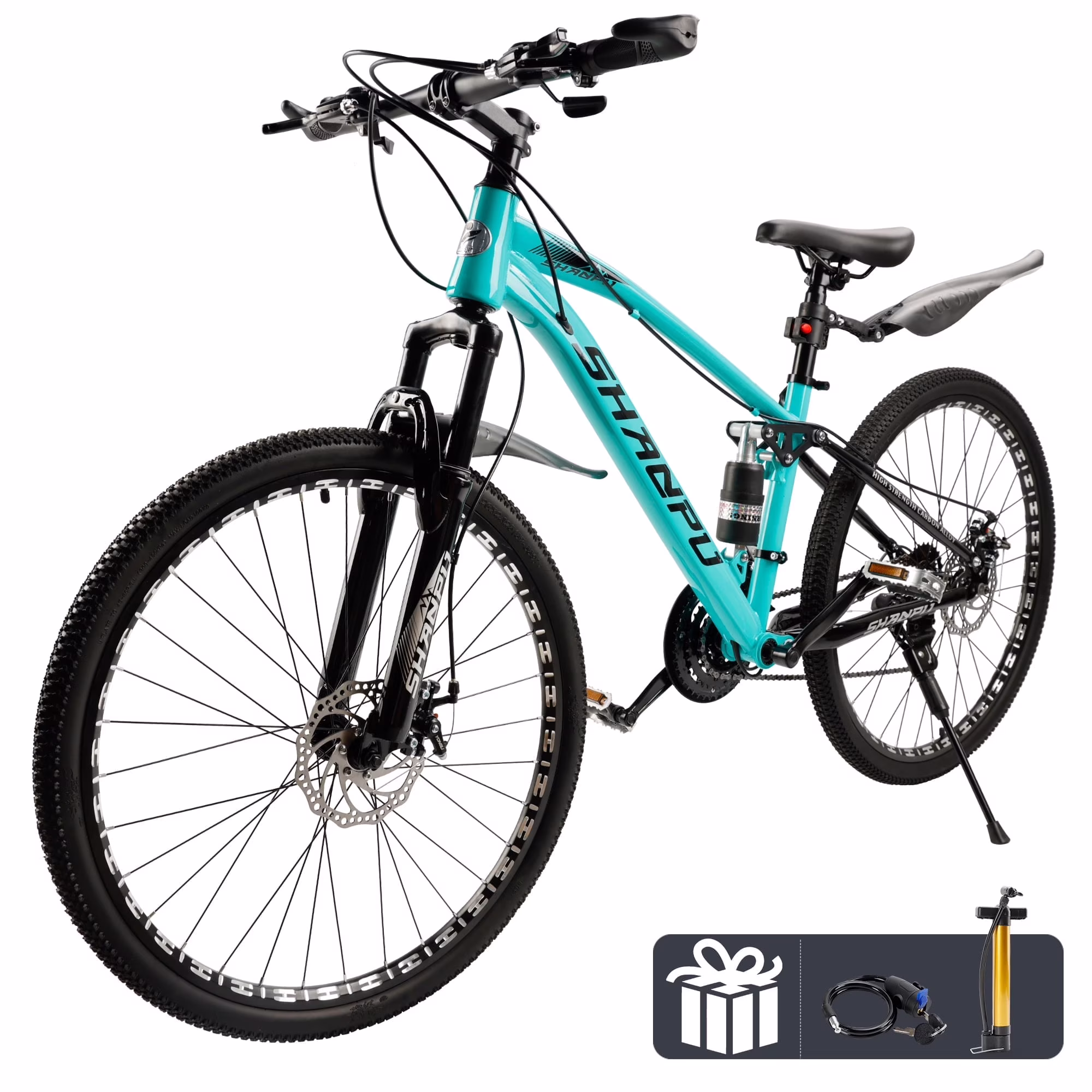 ARTUDATECH 26 Inch Wheel Full Suspension Mens Mountain Bike, Shimano 21 Speed,  Dual Disc Brake Bike for Men Womens Adult Bicycle With Bike Lock And Air Pump, orange