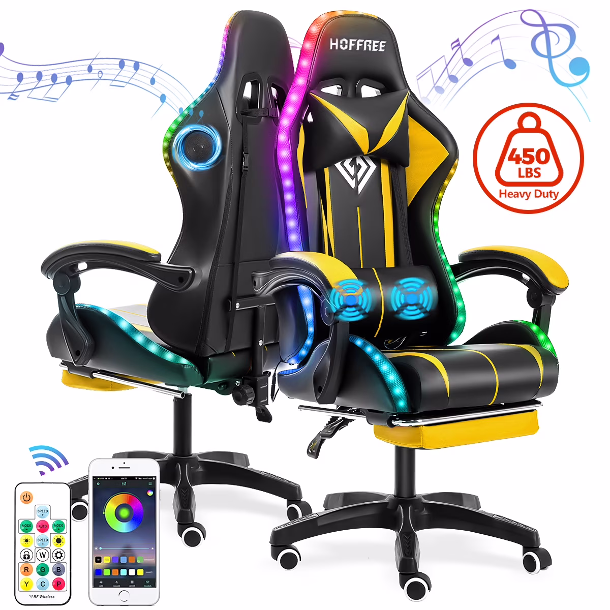 Gaming Chair with Bluetooth Speaker, Ergonomic Massage Racing Chair with RGB Lights, Footrest and Lumbar Support, High Back Office Chair, Heavy Duty Design Gaming Computer Chair(Red with Black) - Image 3