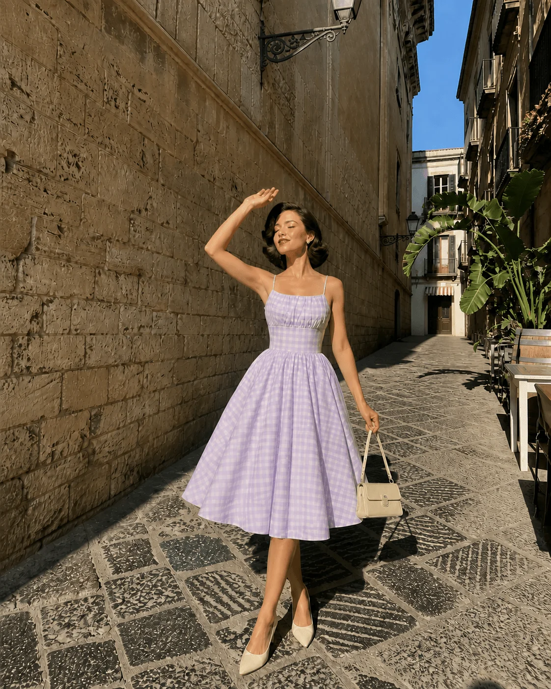Purple Gingham Spaghetti Strap Swing Dress