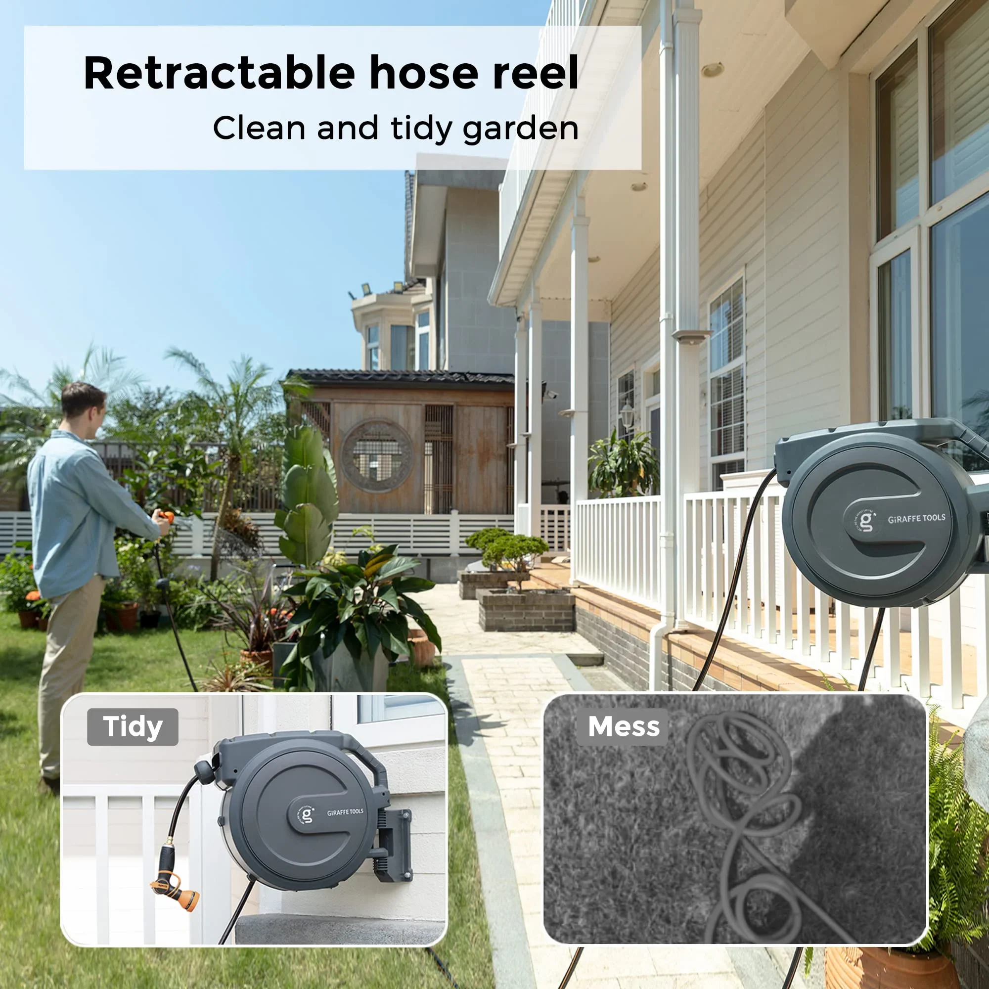 Giraffe Tools Retractable Garden Hose Reel with 1/2in-100ft Water Hose, Plastic Bracket, Wall Mounted, Dark Grey