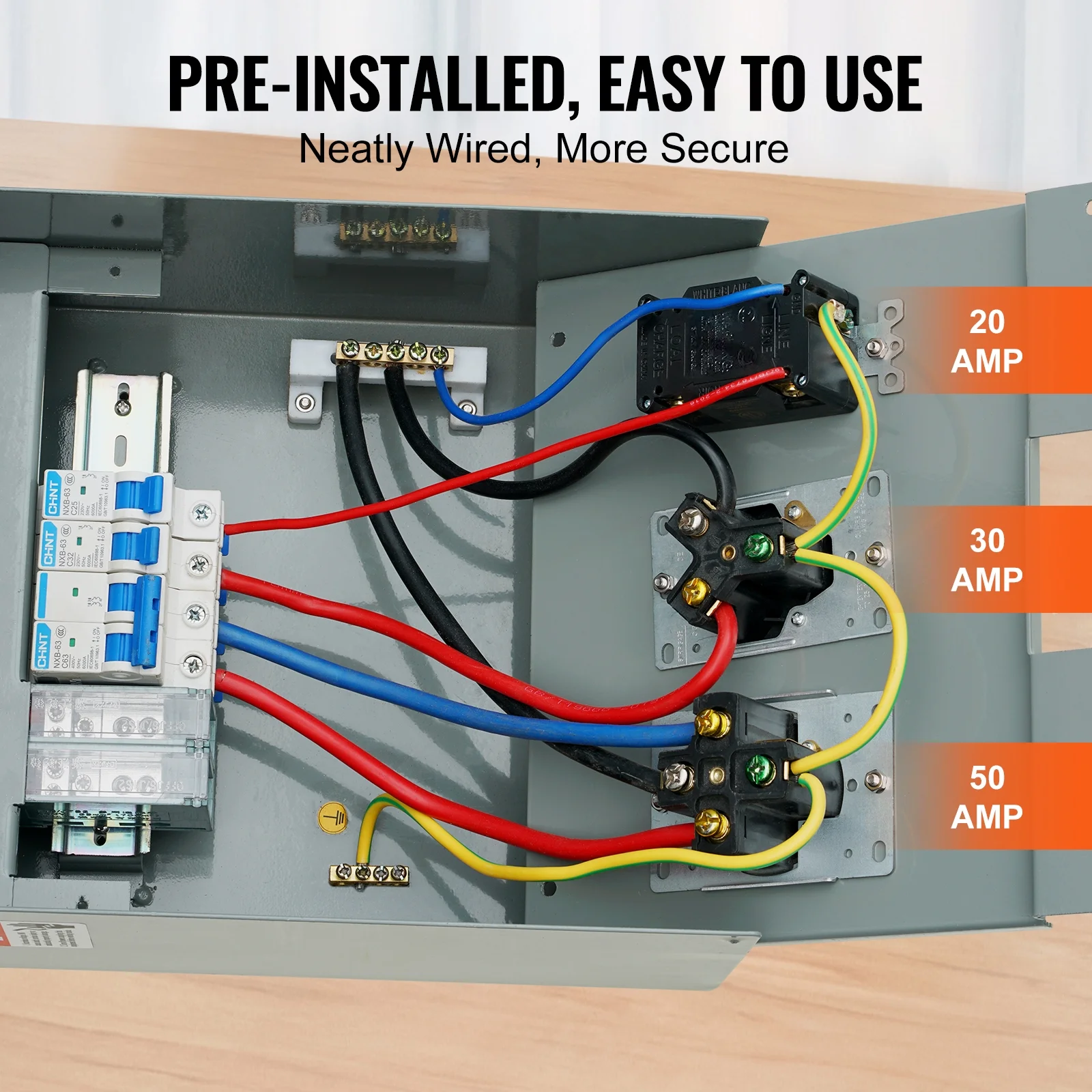 KFFKFF Portable Power Supply Panel, 125/250V, Equipped with 20/30/50 Amp Socket for RV, Compliant with NEMA 14 - 50R / NEMA TT - 30R / 15A GFCI, Ideal for RV Camper Trailer Motorhome