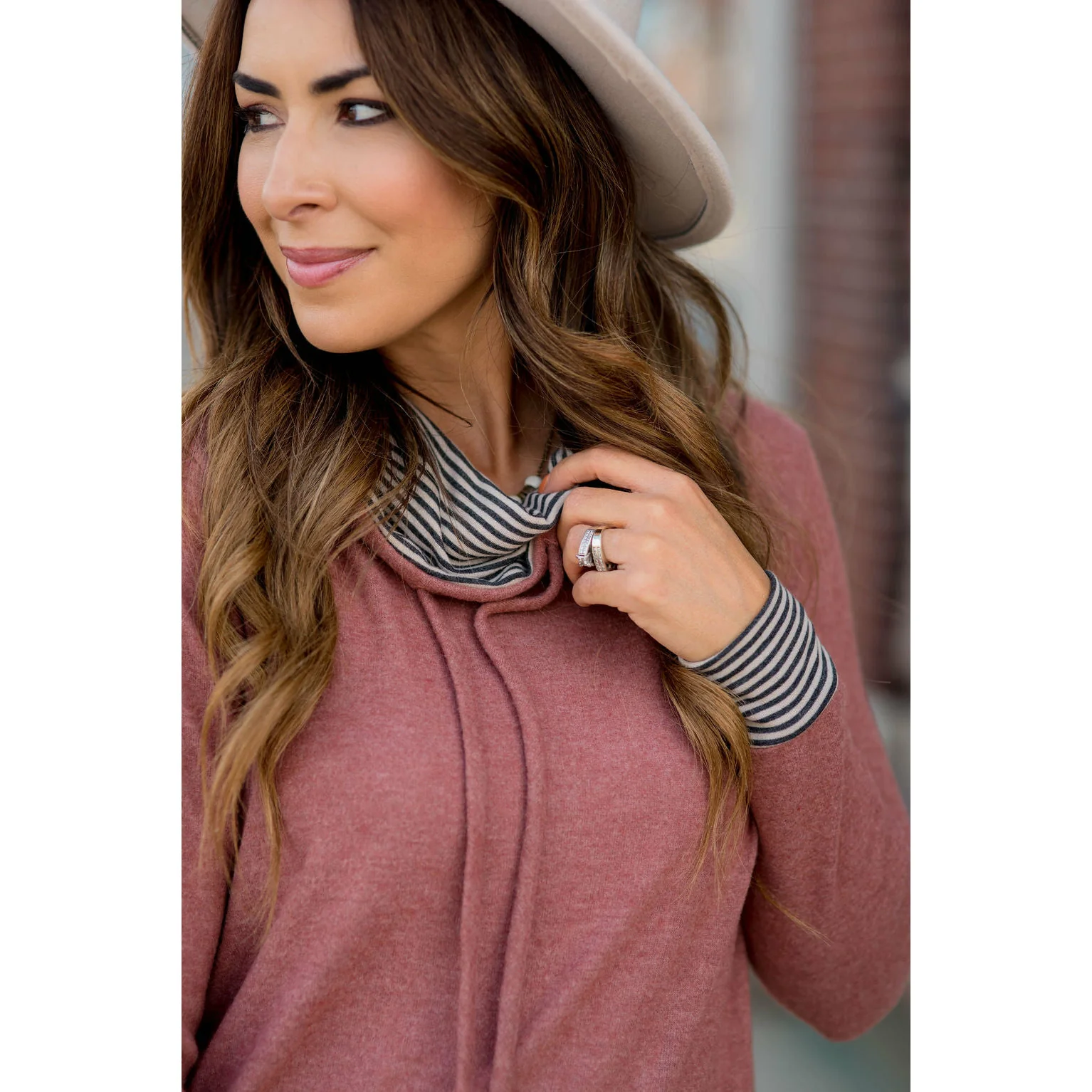 Striped Detailed Accented Cowl Neck Sweatshirt