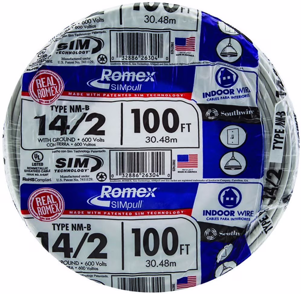 Southwire 28827423 100' 14/2 with Ground Romex Brand Simpull Residential Indoor Electrical Wire Type NM - B, White